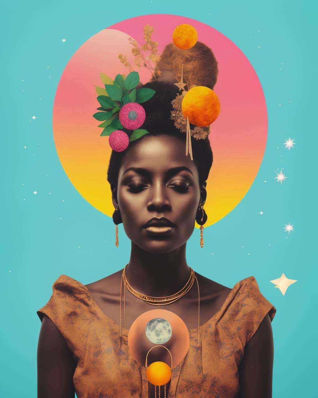 african mystic woman with horns and flowers in her hair is wearing a shiny outfit,  Arabella Rankin,  otherworldly on Tens...