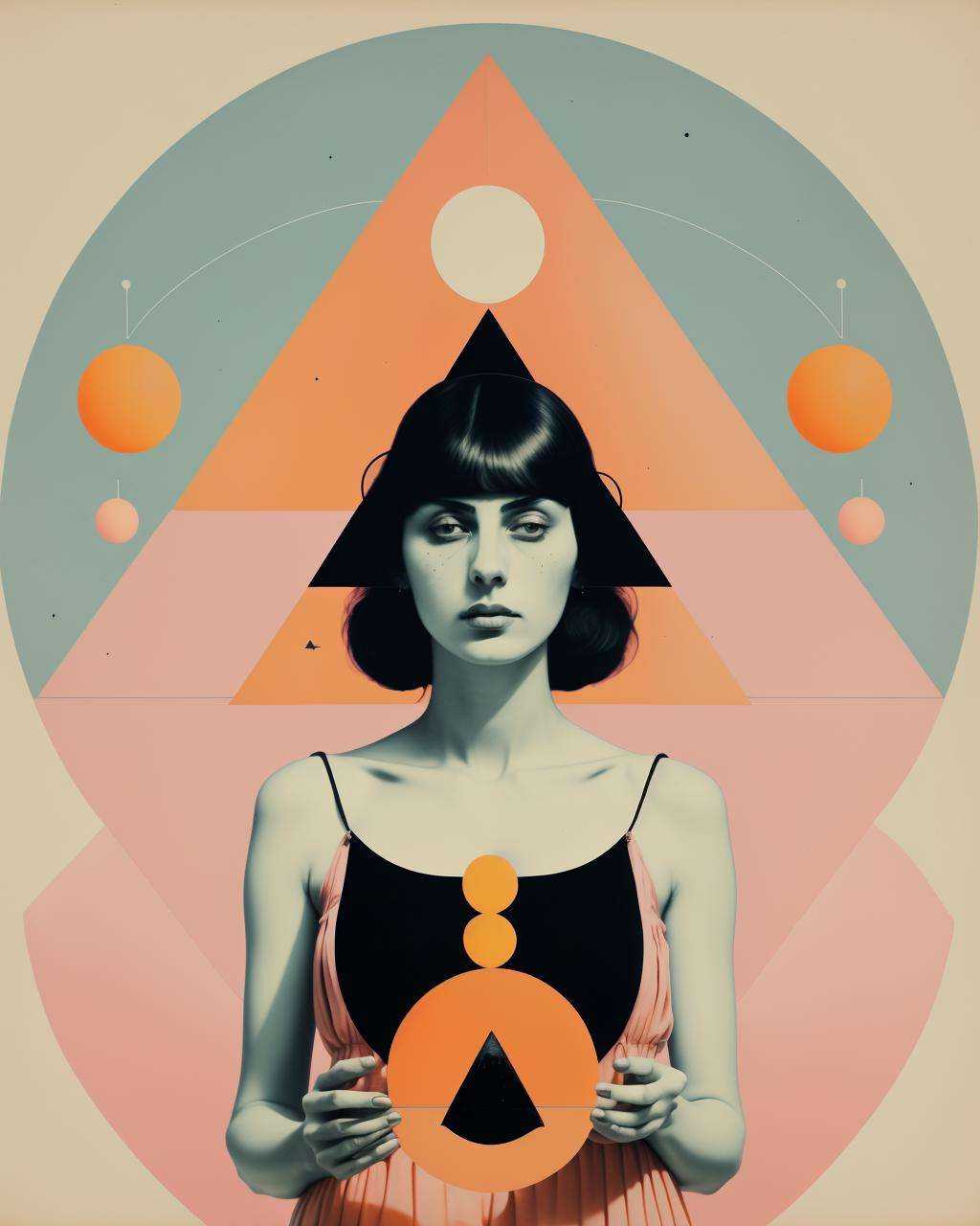 a woman with a triangle and a crescent above her head and a pink background with orange circles on Tensor.Art