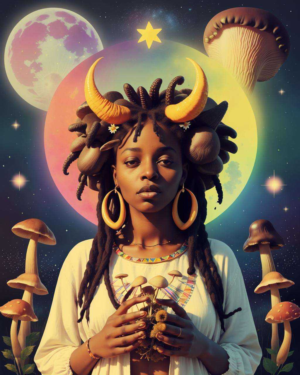 african woman with big horns and flowers in her dreadlocks hair in the middle of a field of mushrooms,  Arabella Rankin,...
