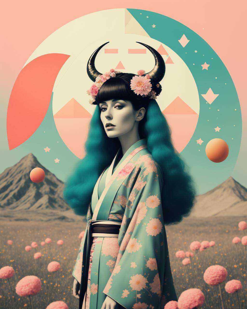 (african woman) wearing a kimono and big horns and flowers in her turquoise hair in the middle of a field of candy,  Arabe...