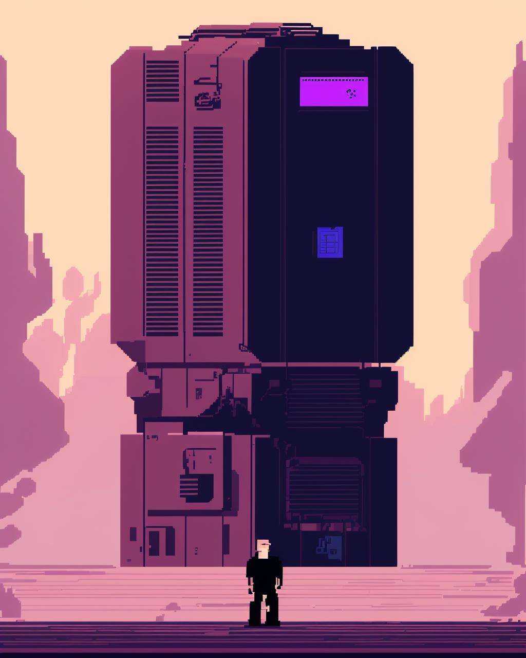 a man standing in front of a large machine ,  pixel art on Tensor.Art