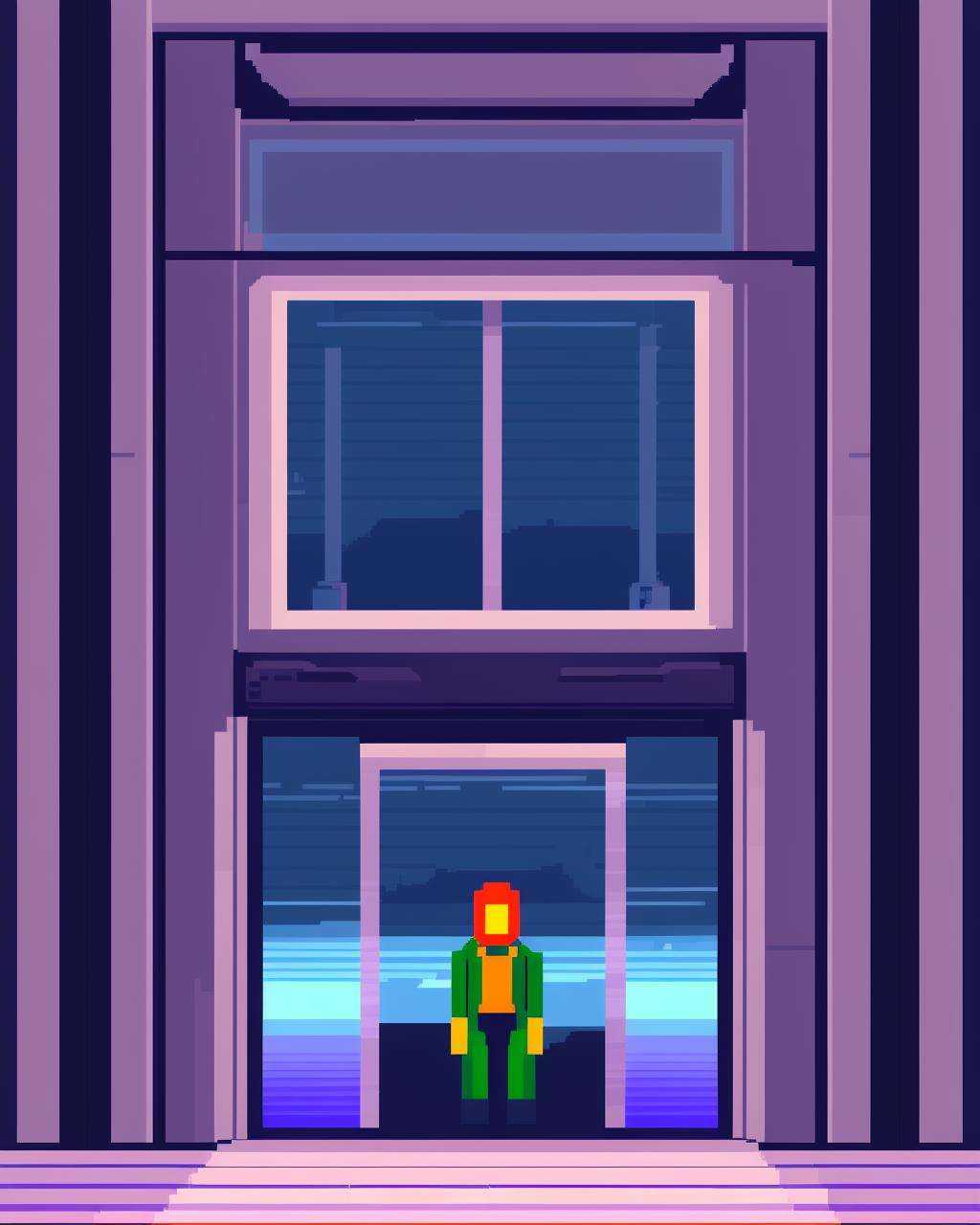 a man standing in front of a futuristic looking window ,  pixel art on Tensor.Art