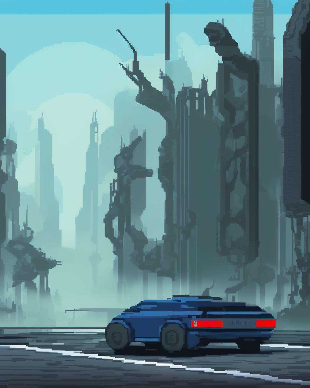 a man standing in front of a car in a futuristic city ,  pixel art on Tensor.Art