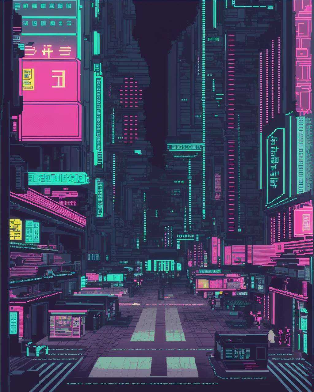 perspective view of a street in a cyberpunk city ,  pixel art,  vaporwave on Tensor.Art