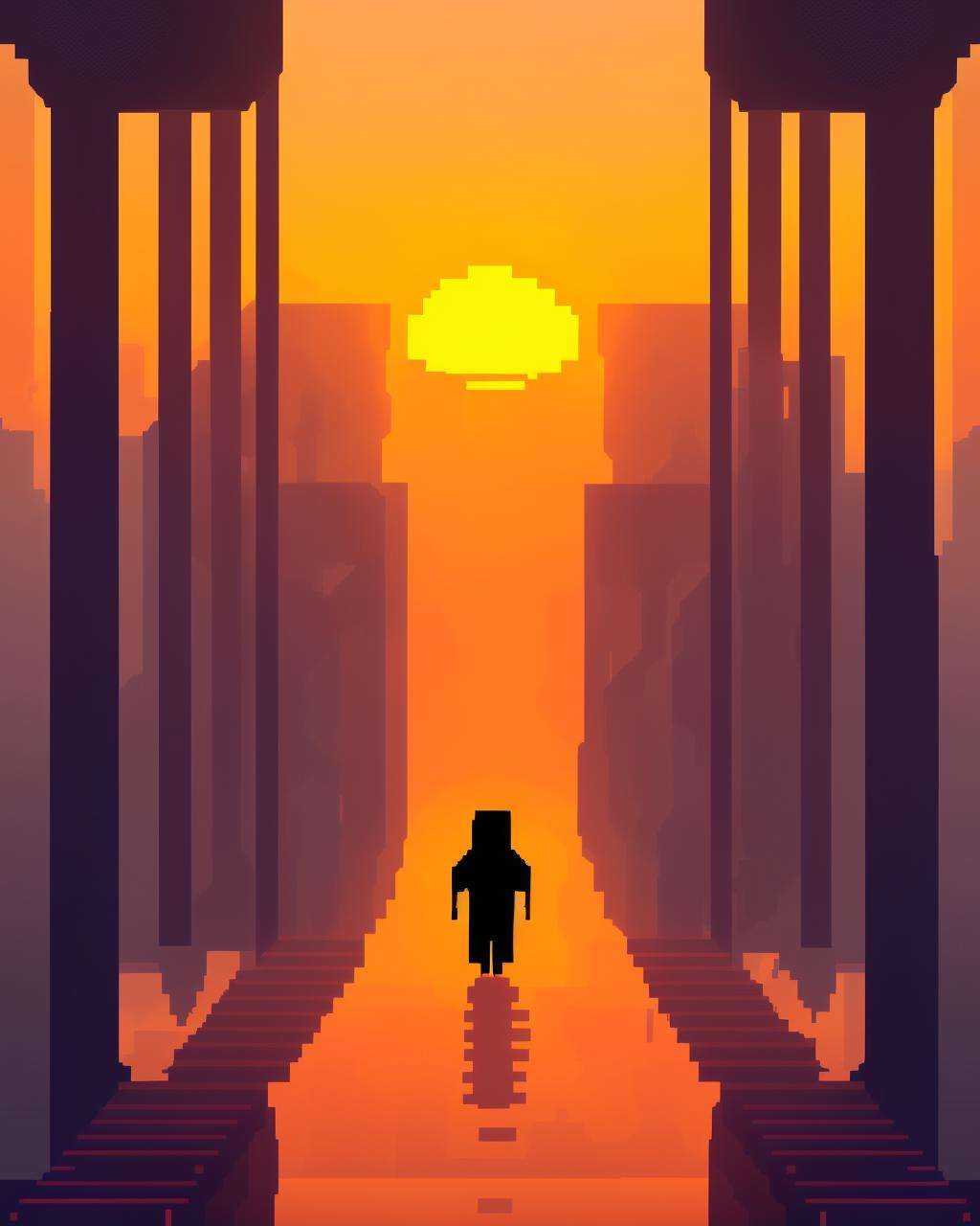 a man walking down a bridge into the sunset ,  pixel art on Tensor.Art