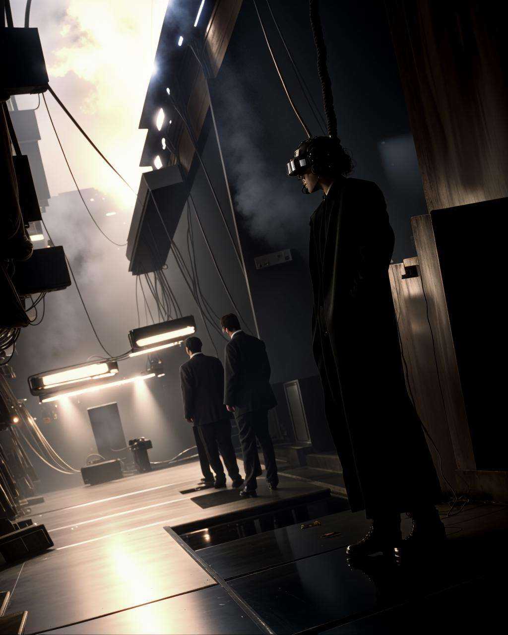 three people standing in a dark room with a dark background ,  high quality,  high textured on Tensor.Art