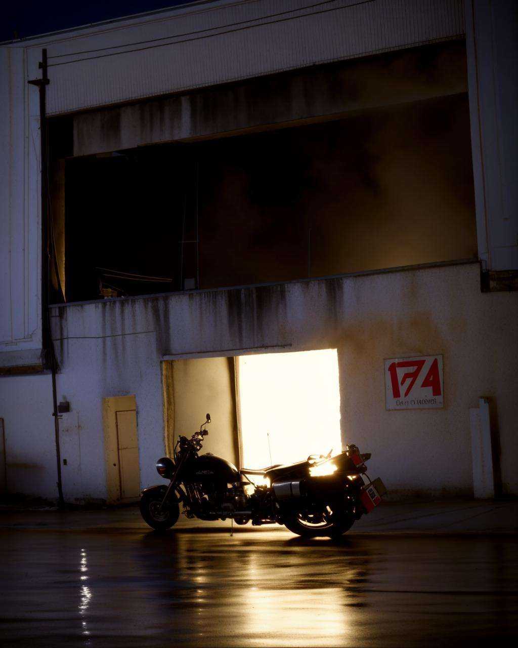 a motorcycle parked in front of a building at night ,  high quality,  high textured on Tensor.Art