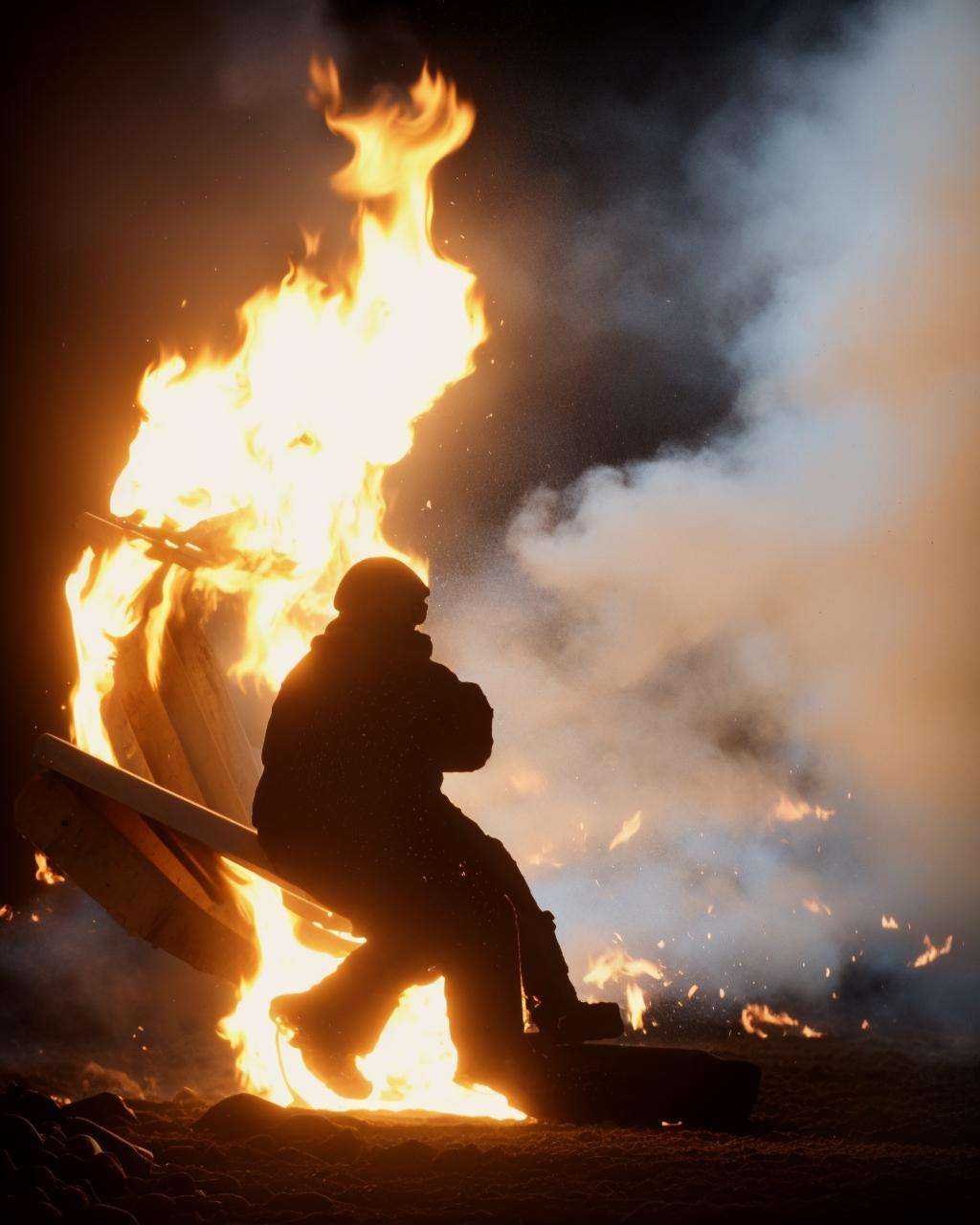 a person sitting in front of a fire in a room on Tensor.Art