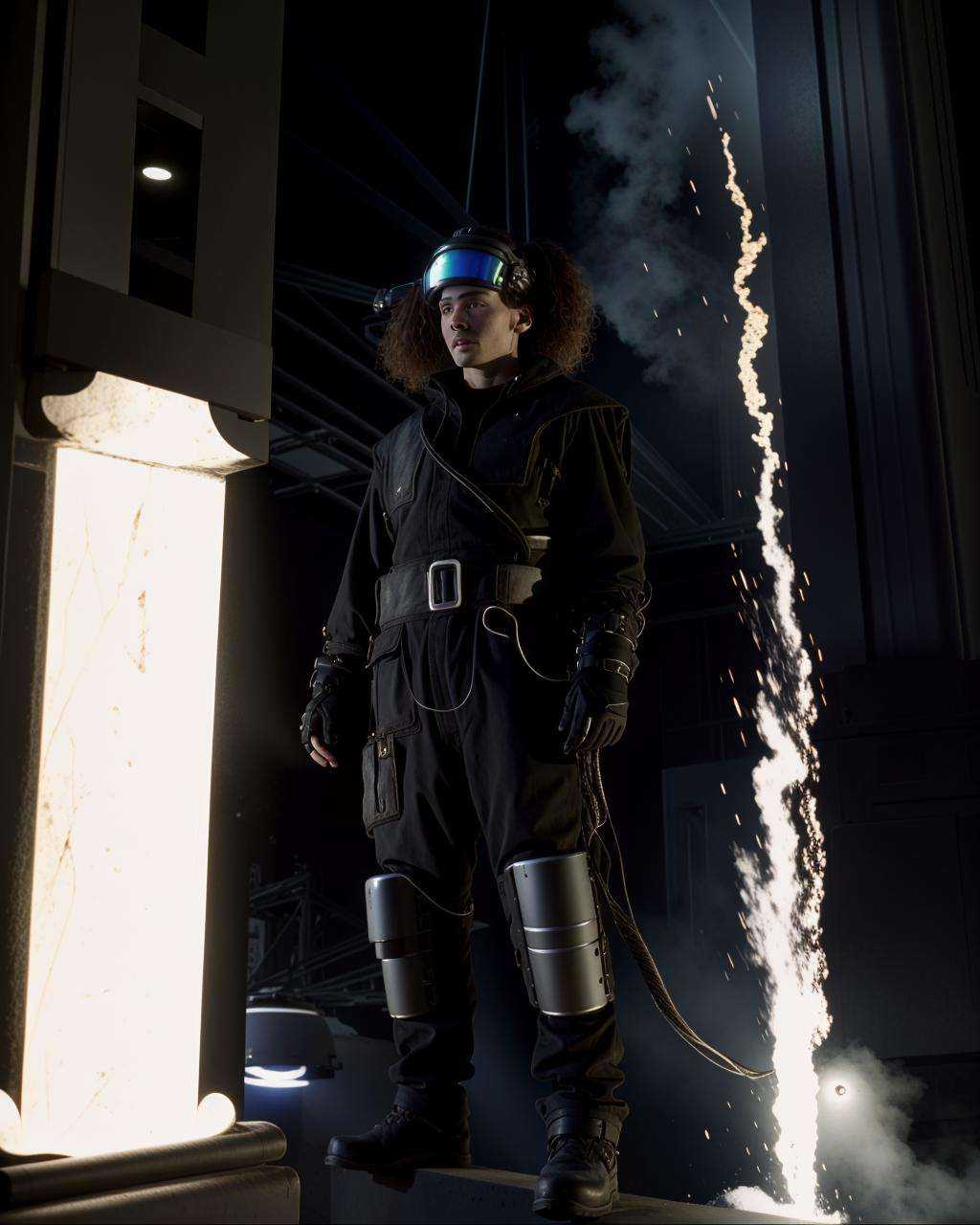a man in a helmet and goggles is standing in a dark room ,  high quality,  high textured on Tensor.Art