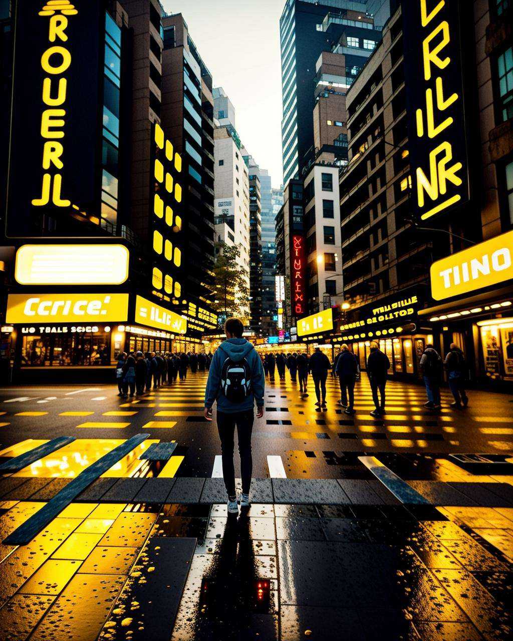 a person walking across a street at night ,  Beeple,  cinema 4 d on Tensor.Art