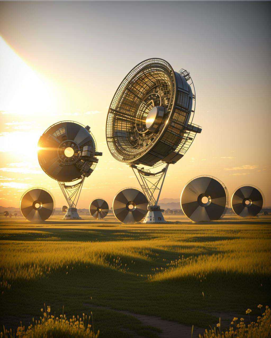 a group of satellite dishes sitting in a field ,  Beeple,  cinema 4 d on Tensor.Art
