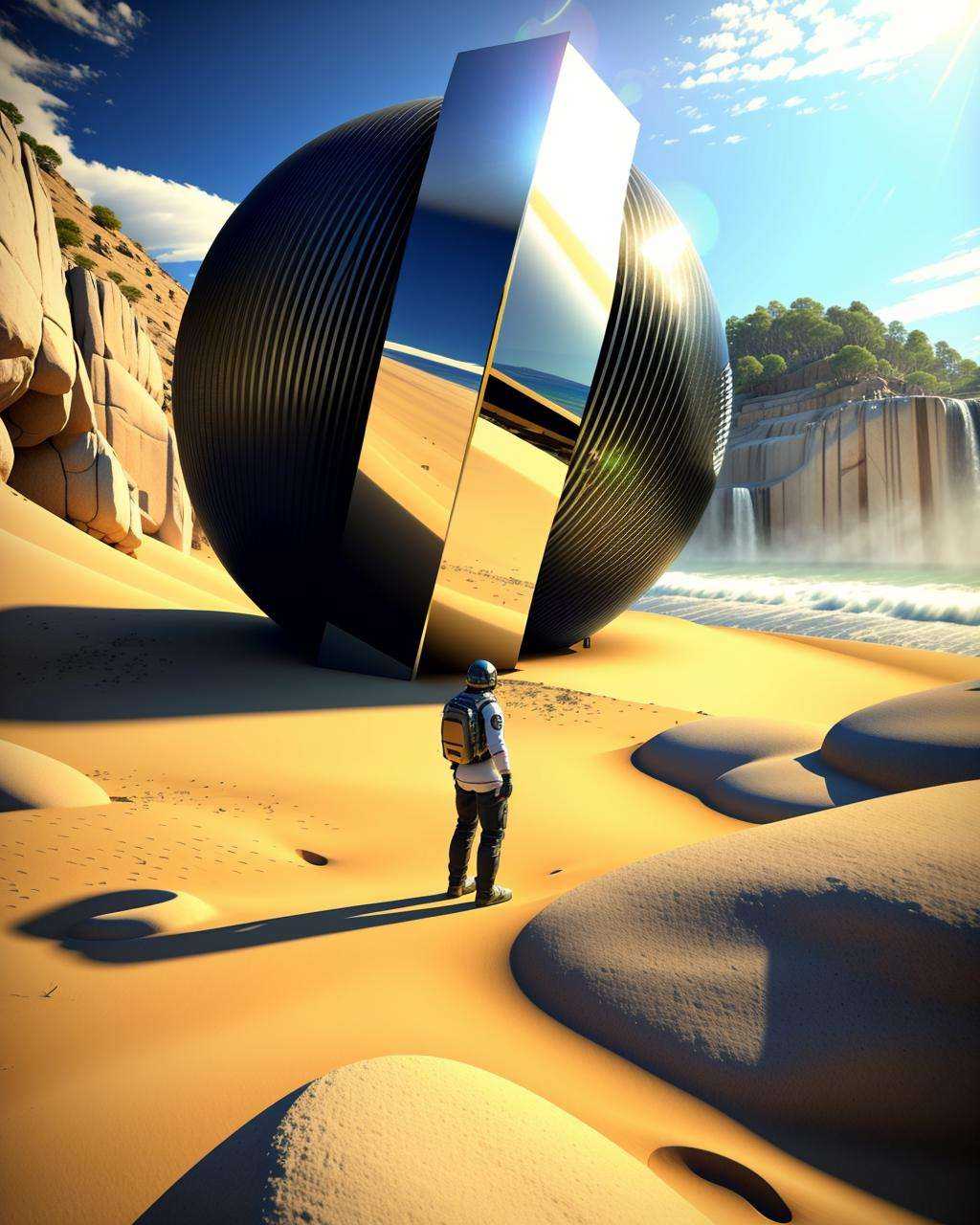a man standing on a beach next to a large object ,  Beeple,  cinema 4 d on Tensor.Art