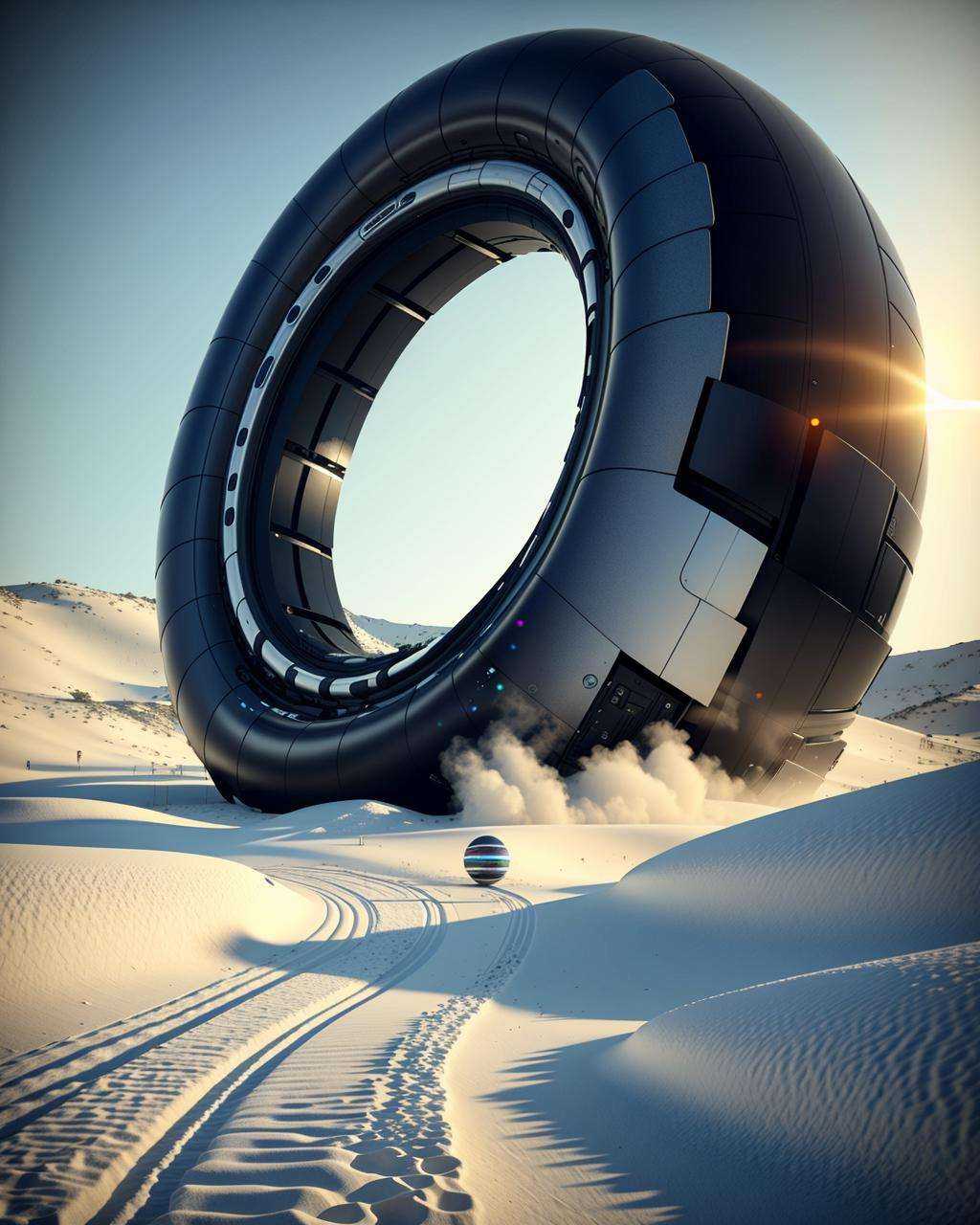 a man walking in the snow near a giant tire ,  Beeple,  cinema 4 d on Tensor.Art