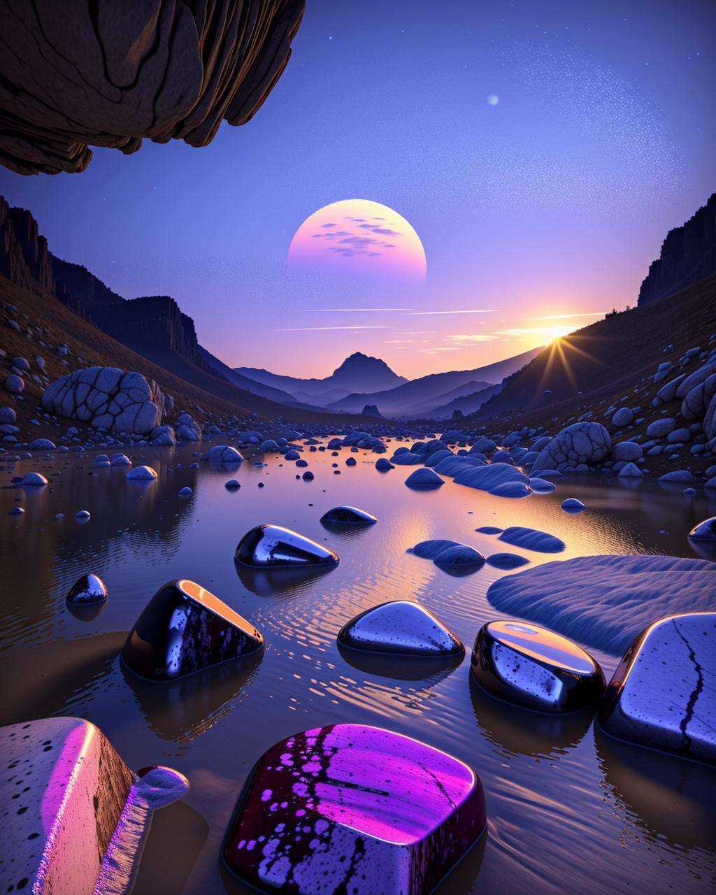 a purple sky with rocks and a lot of rocks ,  Beeple,  cinema 4 d on Tensor.Art