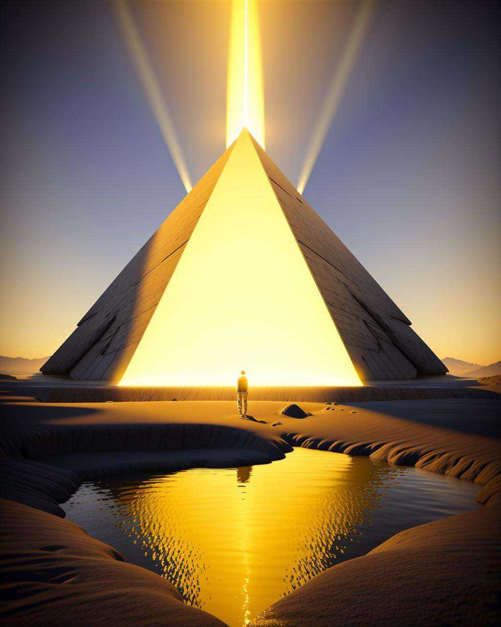 a man standing in front of a pyramid with a light beam ,  Beeple,  cinema 4 d on Tensor.Art
