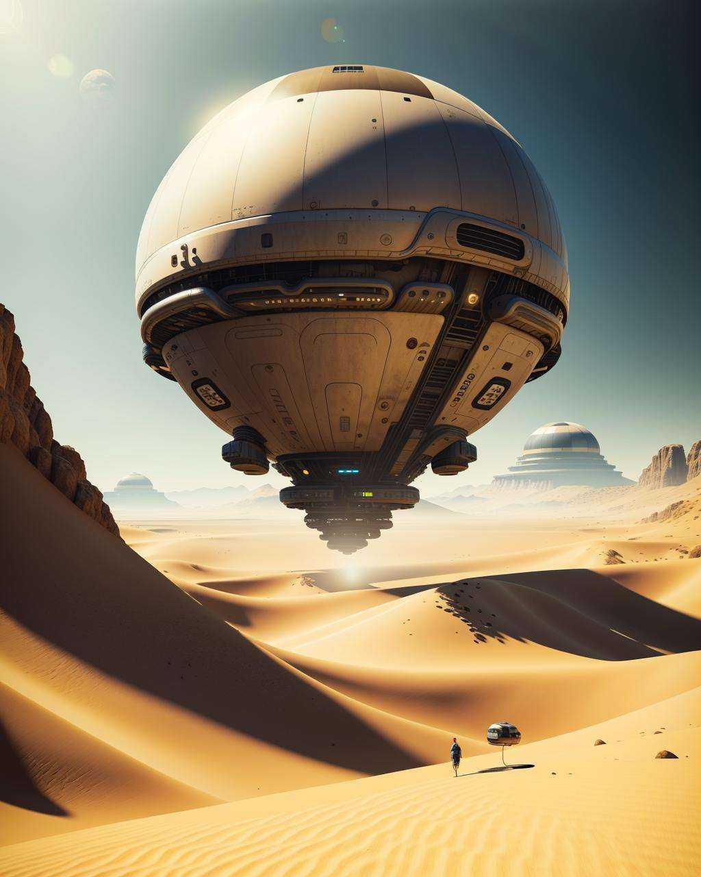 a spaceship is flying over a desert area ,  Beeple,  cinema 4 d on Tensor.Art