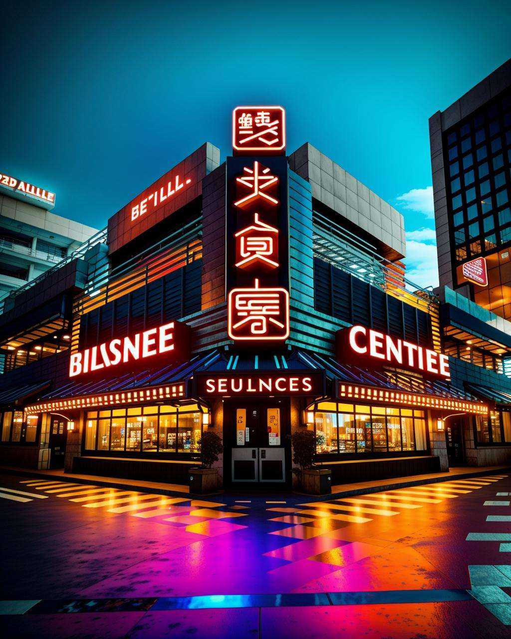 a building with a neon sign that says business centre ,  Beeple,  cinema 4 d on Tensor.Art
