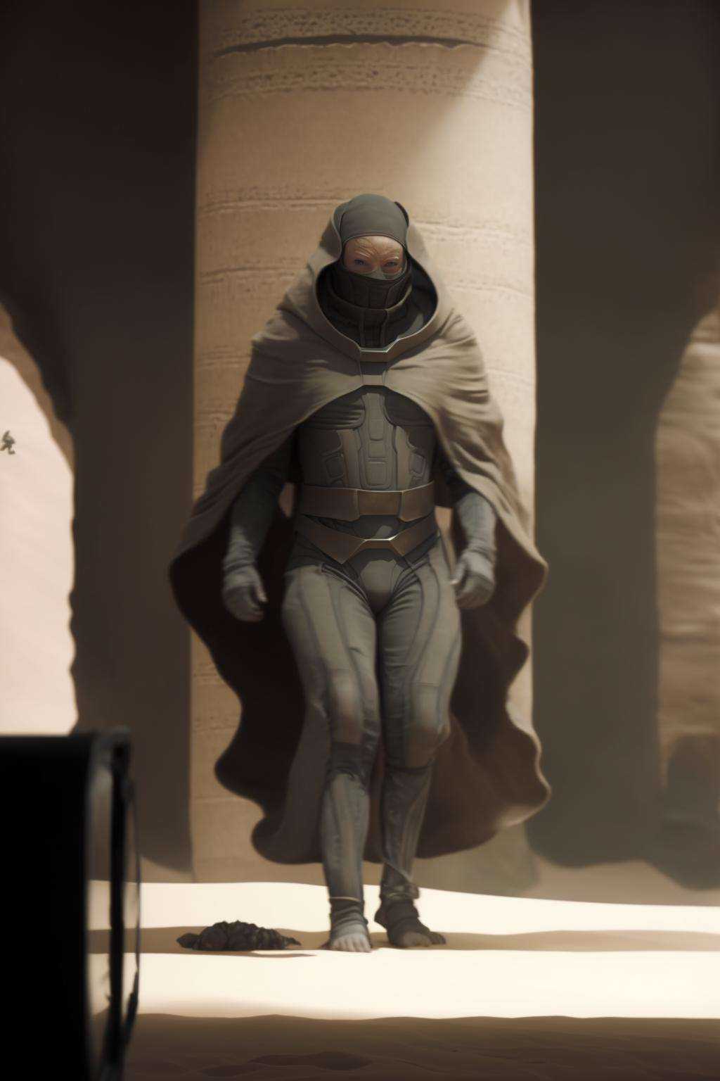 a man in a cloak is walking in a dark room on Tensor.Art