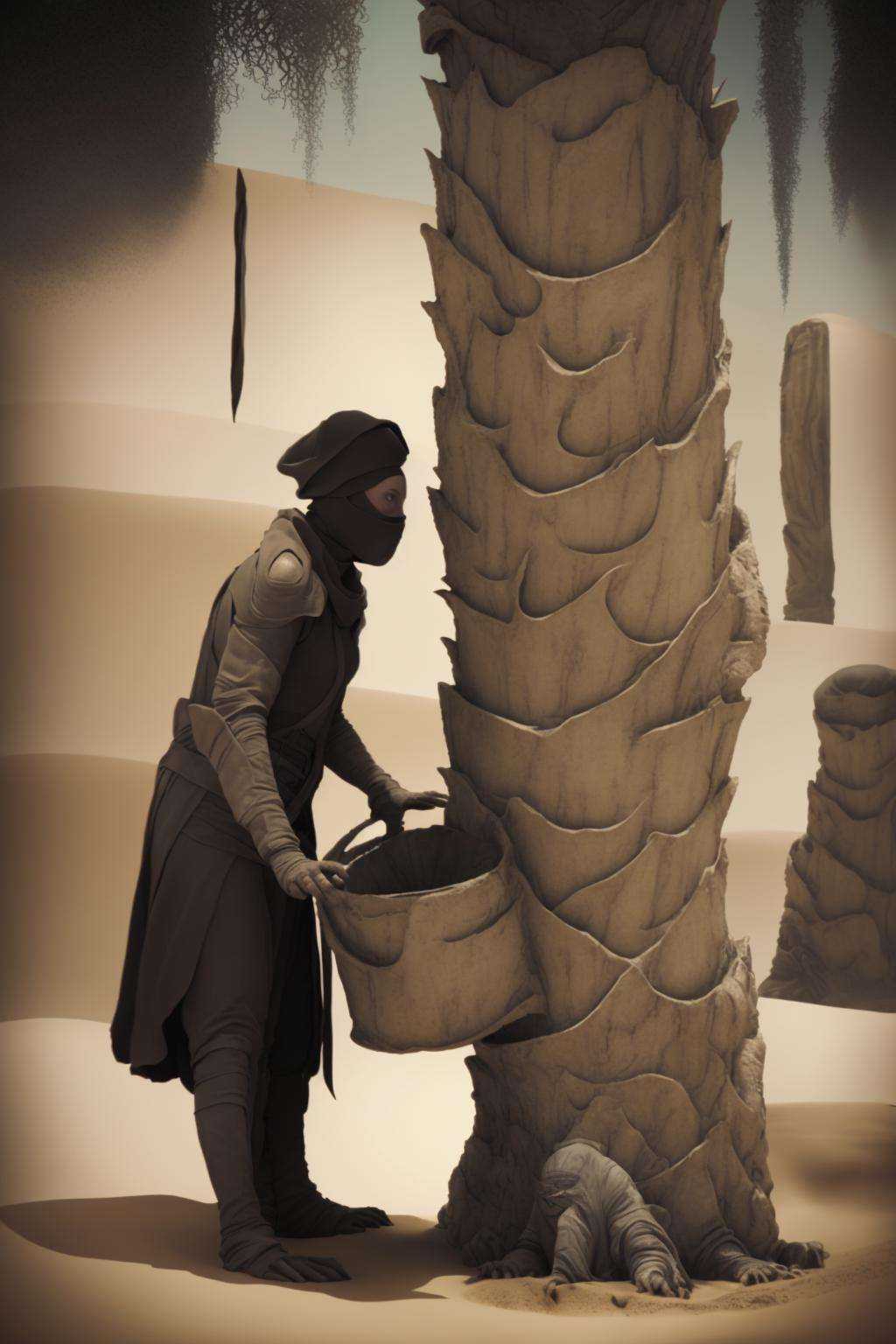 a man leaning against a tree with a bucket on it on Tensor.Art