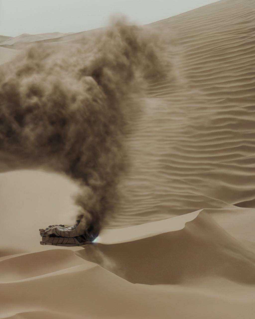 a truck driving through a desert with sand blowing up on Tensor.Art