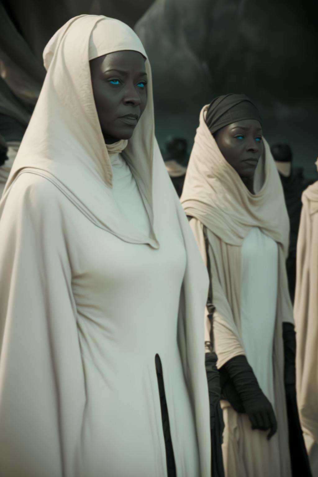 a group of people in white robes and black hats on Tensor.Art