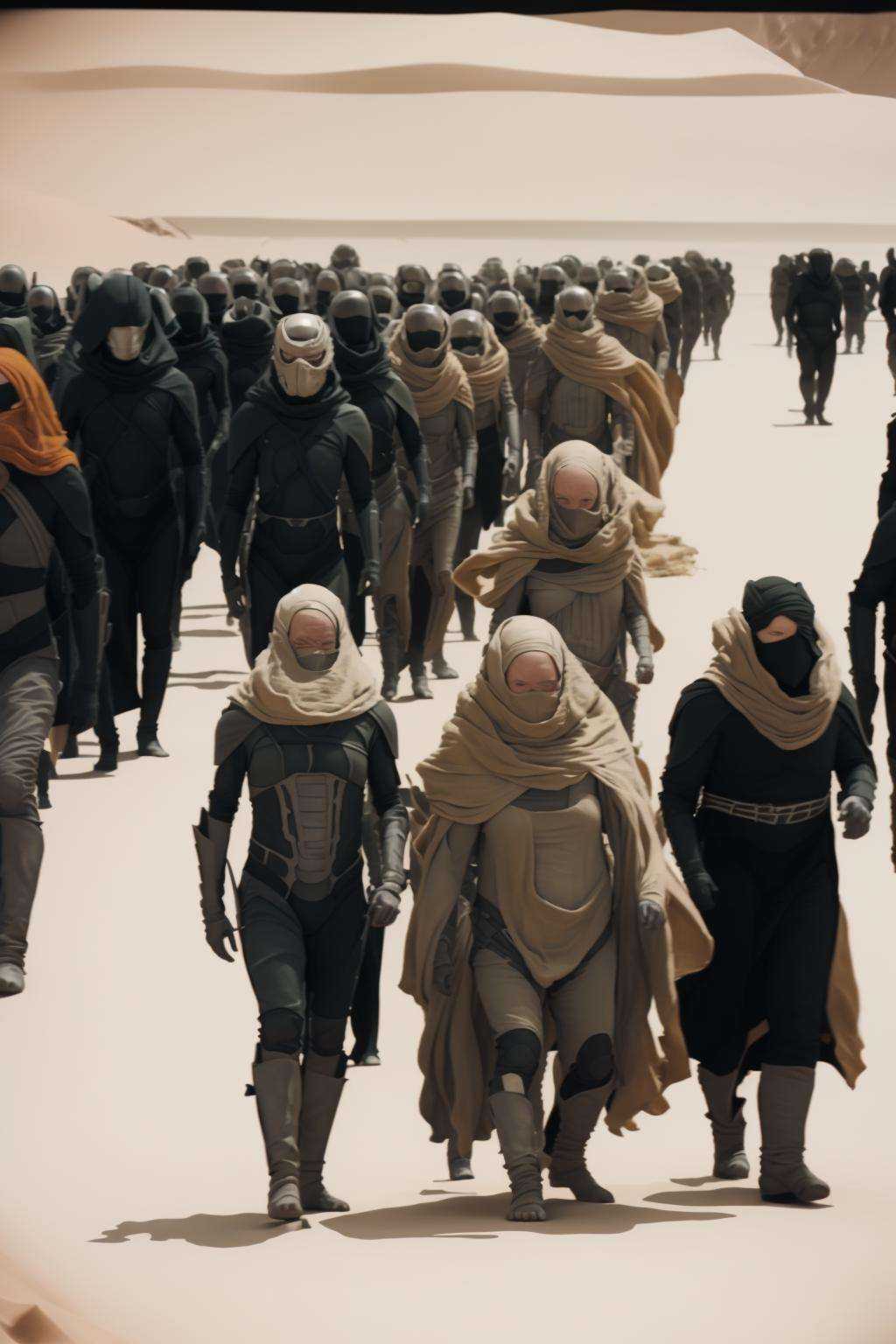 a group of people in costumes standing in a line on Tensor.Art