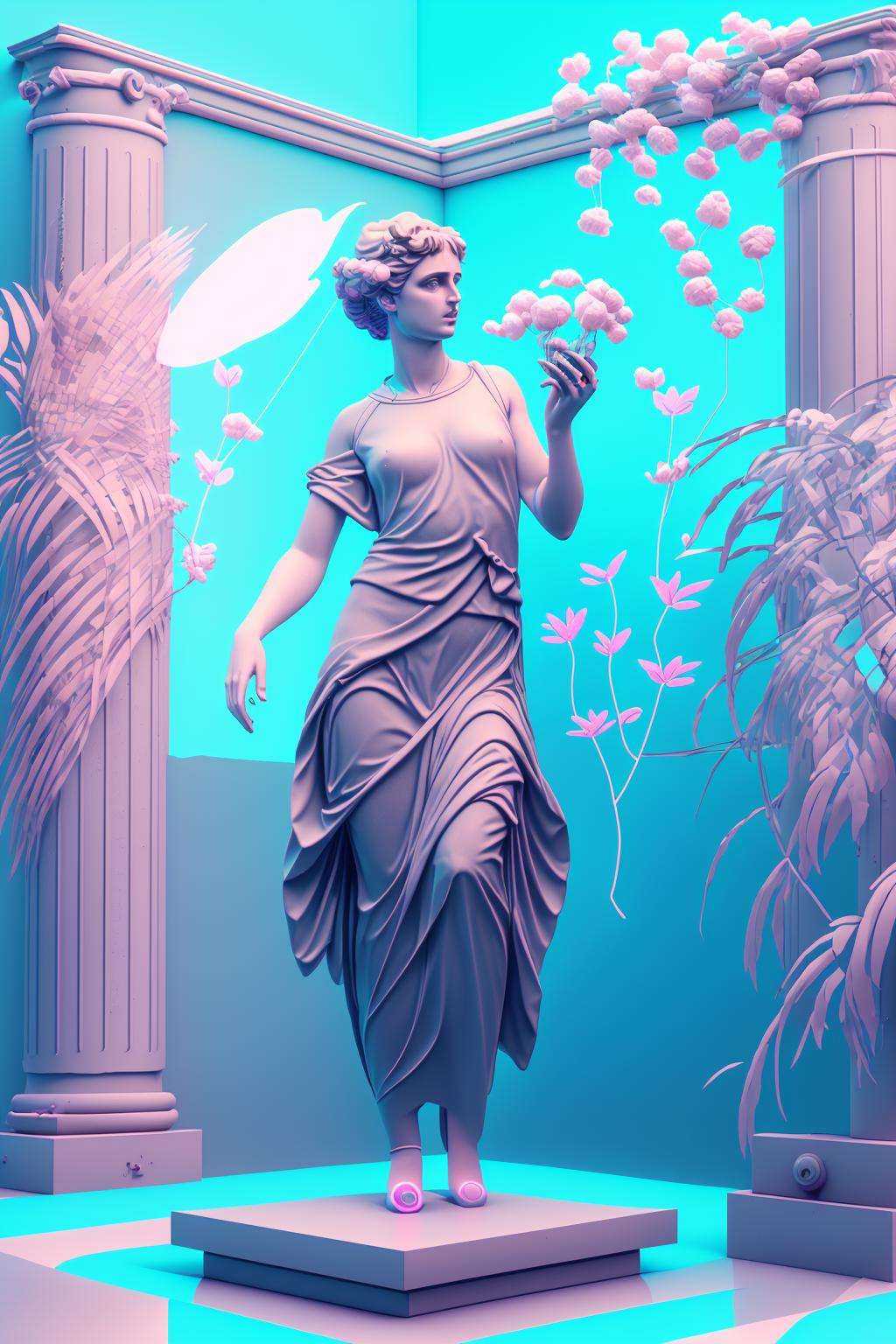 a woman with flowers in her hand and a bird flying above her ,  vaporwave,  c4d on Tensor.Art