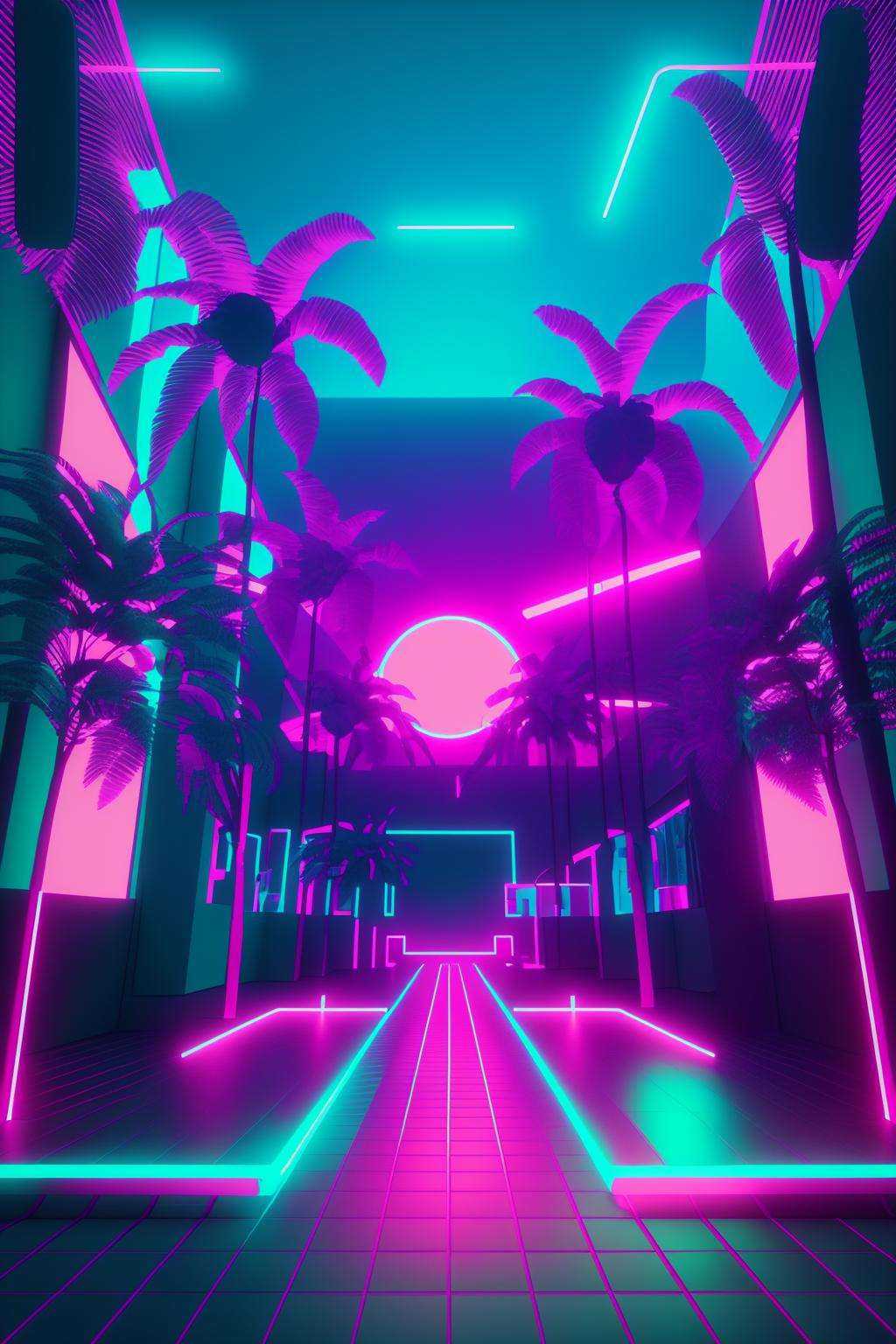a neon sunset with palm trees and a neon grid ,  vaporwave,  c4d on Tensor.Art