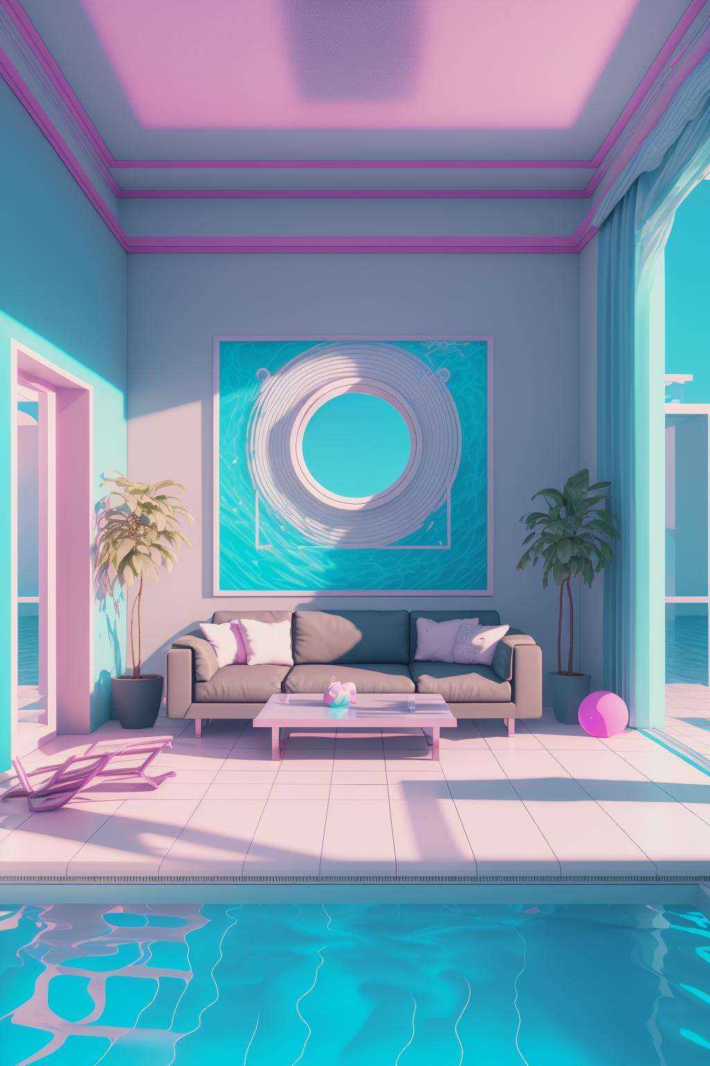 a living room with a pool and a couch ,  vaporwave,  c4d on Tensor.Art
