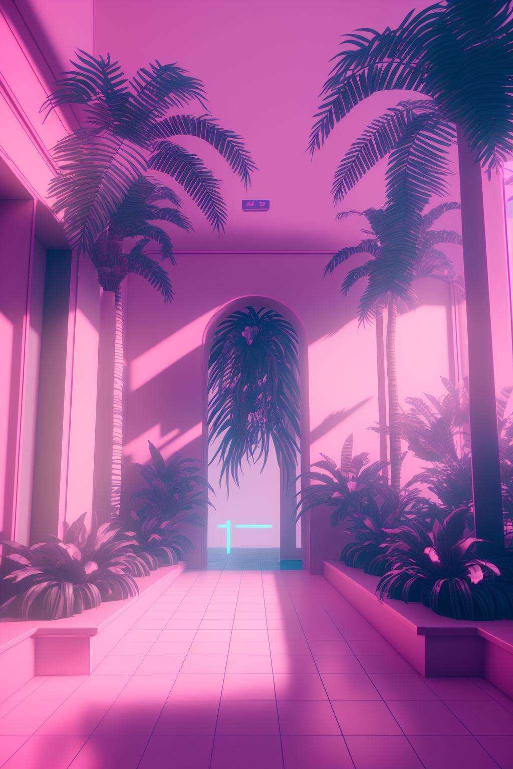 a room with a palm tree and a pink light ,  vaporwave,  c4d on Tensor.Art