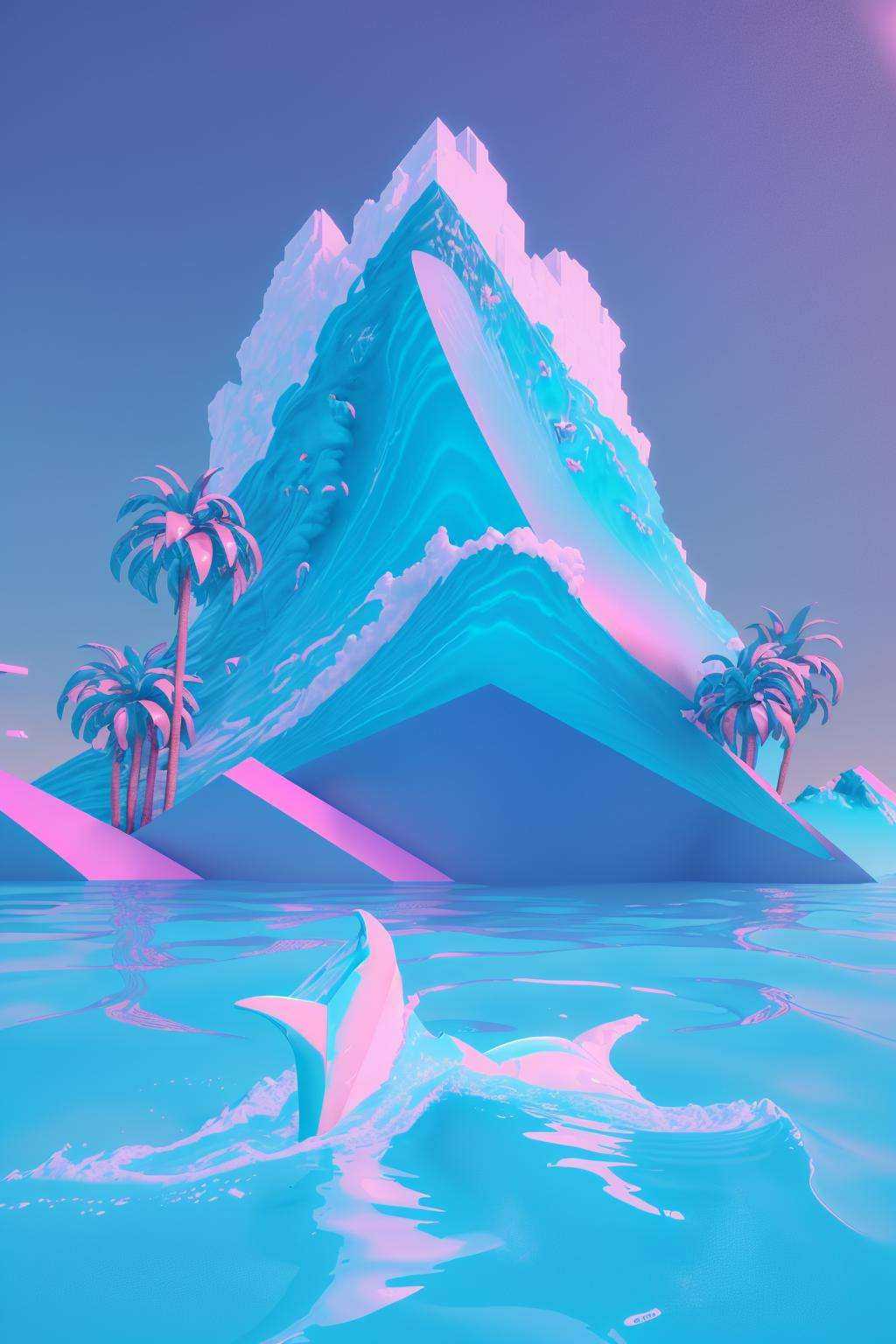 two dolphins are in the water near a mountain ,  vaporwave,  c4d on Tensor.Art