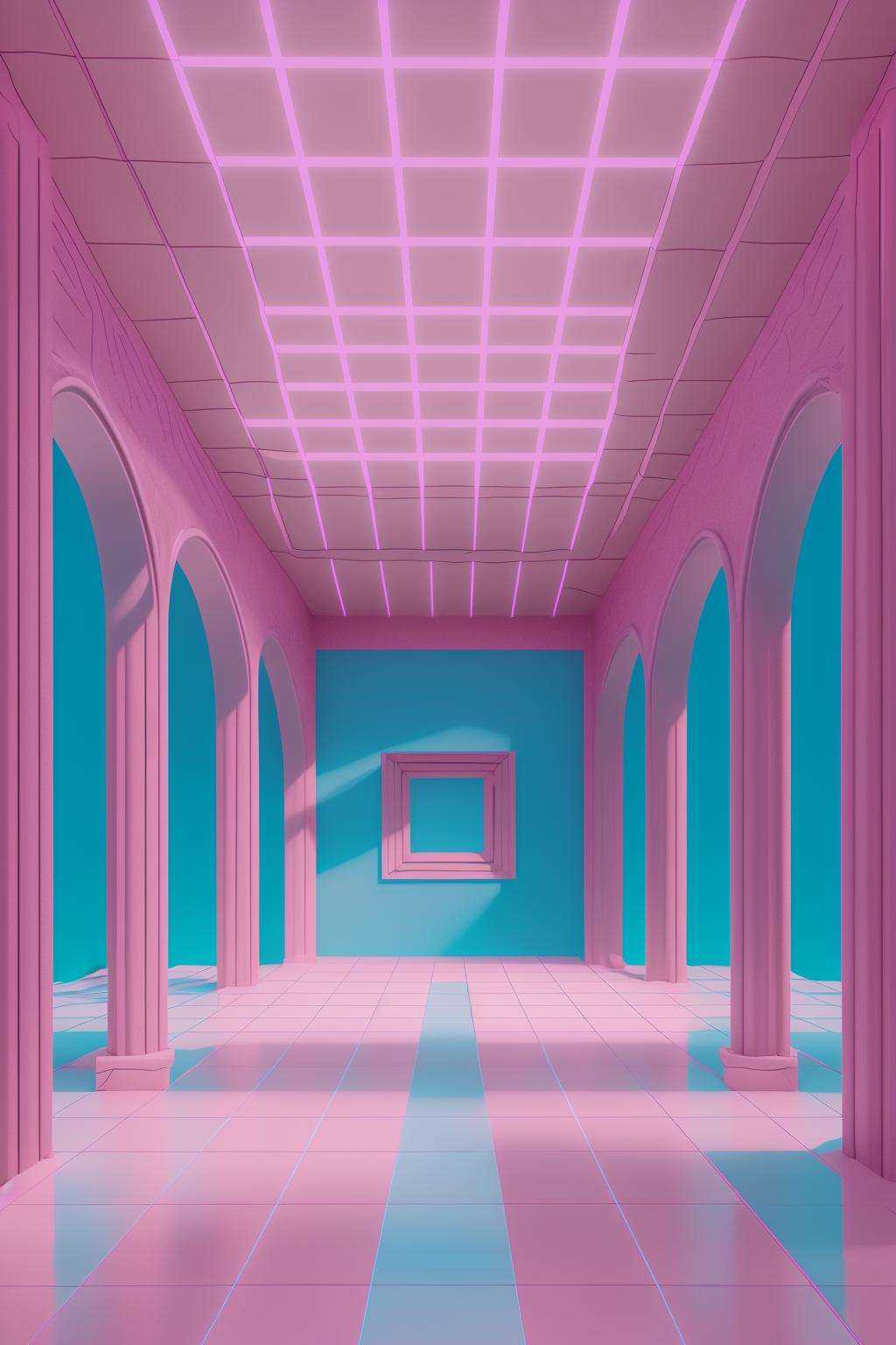 a pink and blue room with a pink ceiling ,  vaporwave,  c4d on Tensor.Art
