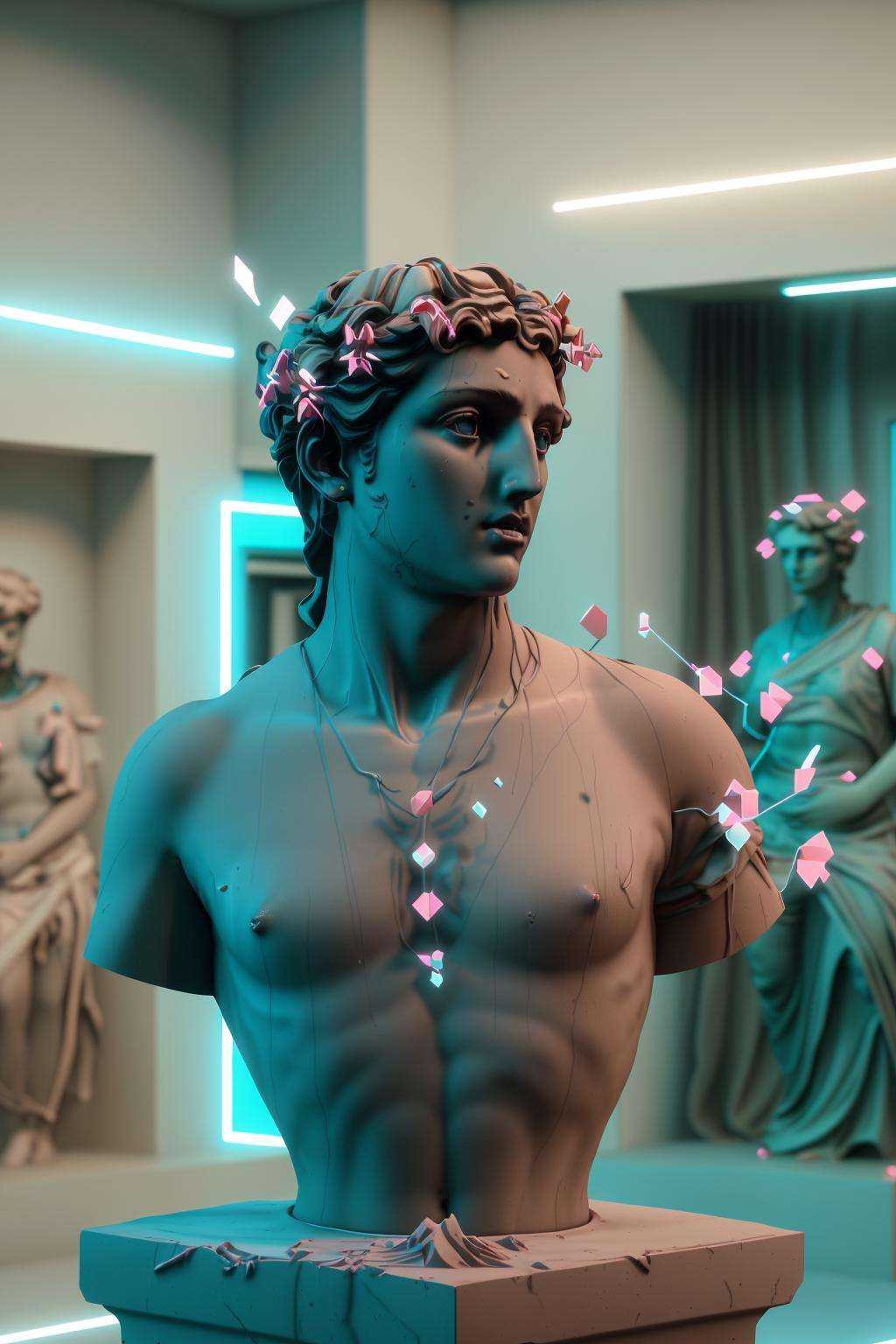 a statue of a man with a flower in his hair ,  vaporwave,  c4d on Tensor.Art