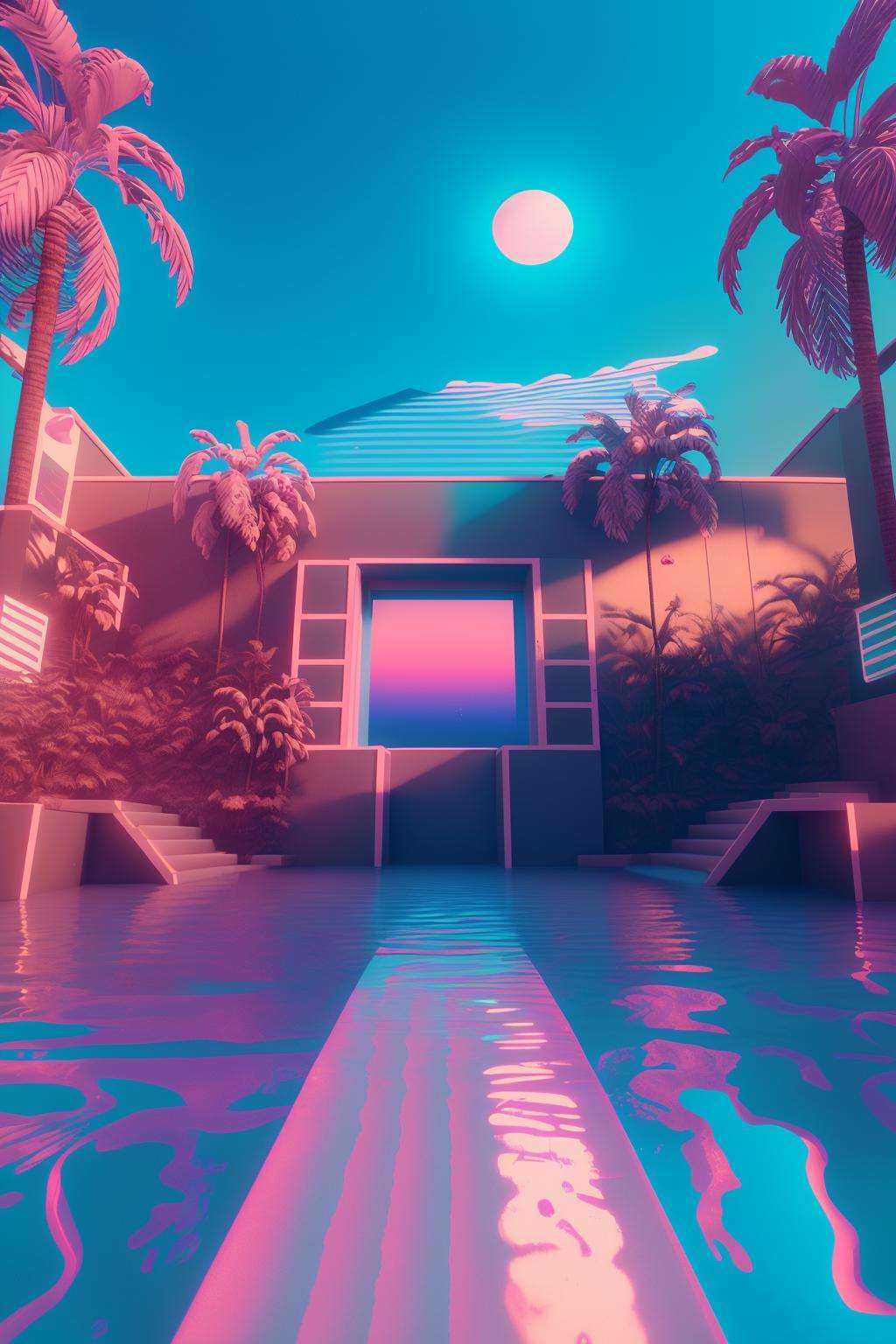 two men in the water with a sunset in the background ,  vaporwave,  c4d on Tensor.Art