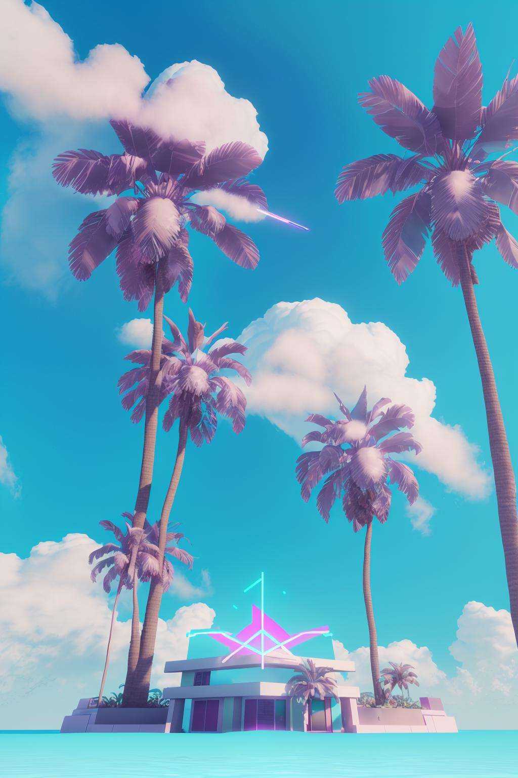 a cloud with two palm trees on top of it ,  vaporwave,  c4d on Tensor.Art
