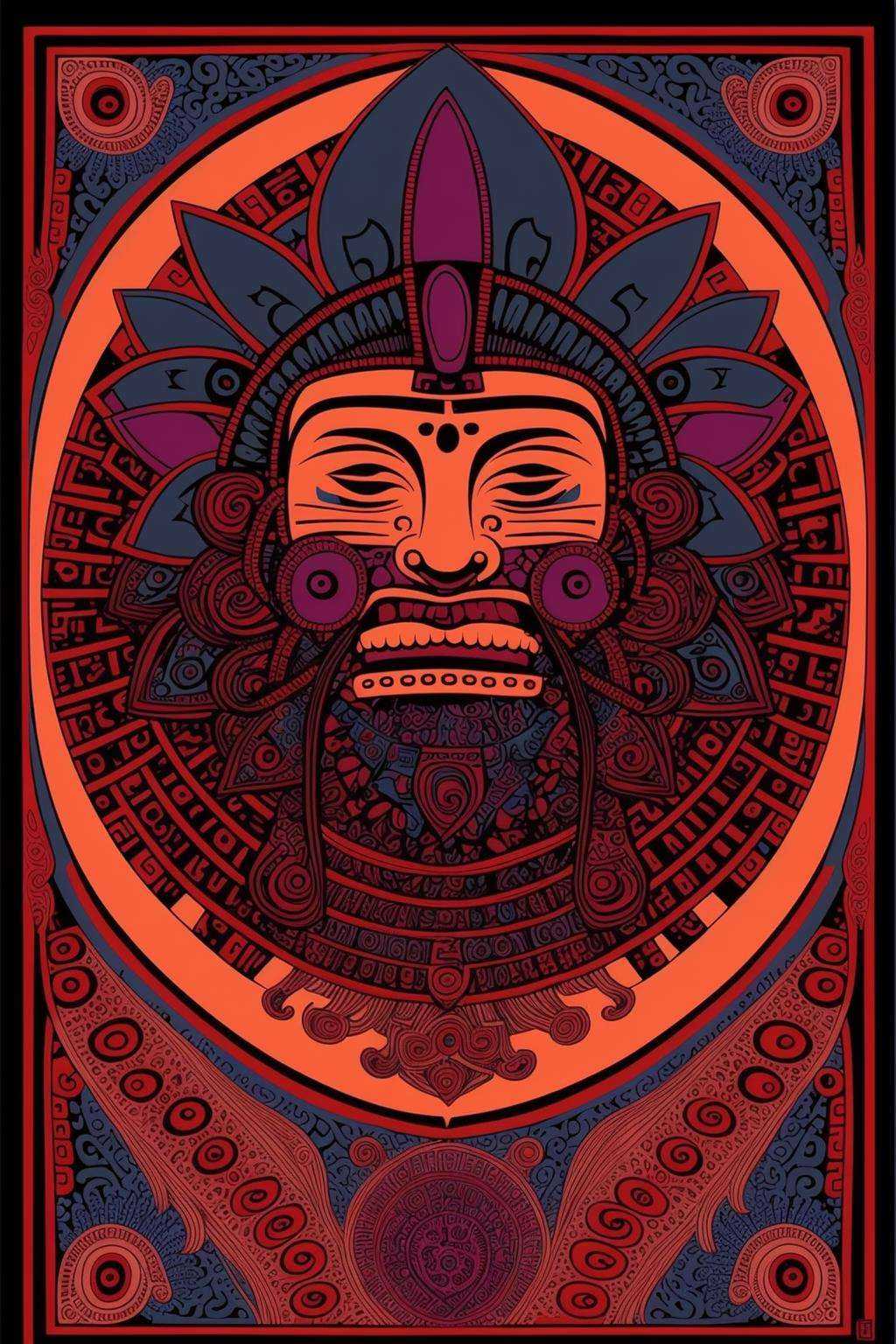 aztec art,  a colorful ornamental design with a face on it's face and a black background with mauve,  sandy-brown on Tenso...