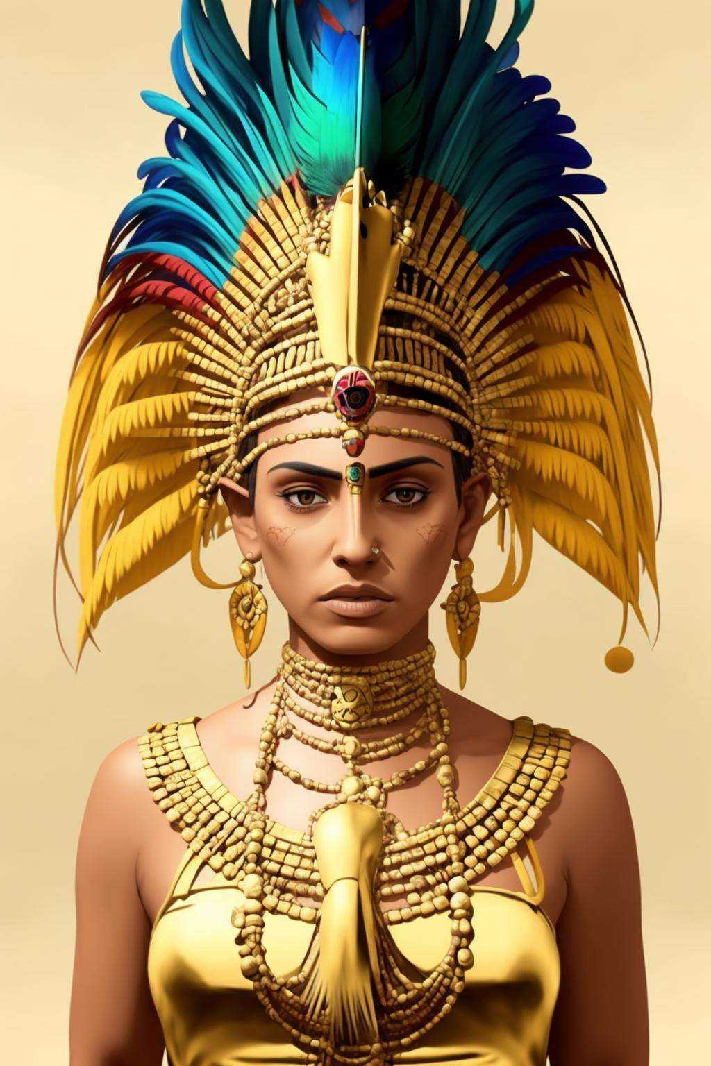 a woman with a gold headdress and feathers on Tensor.Art