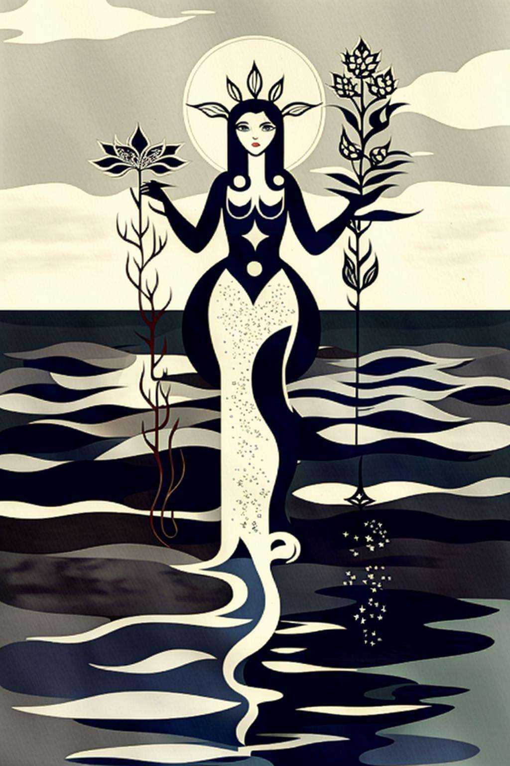 a woman standing on top of a boat next to a mermaid ,  1girl,  long hair on Tensor.Art