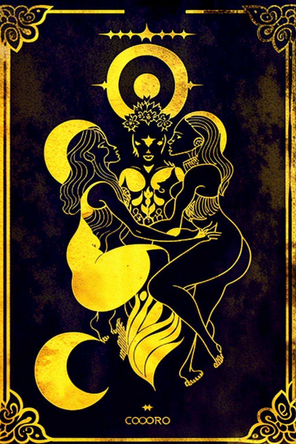 a gold and black tarot card with a woman in the middle ,  1girl,  breasts on Tensor.Art