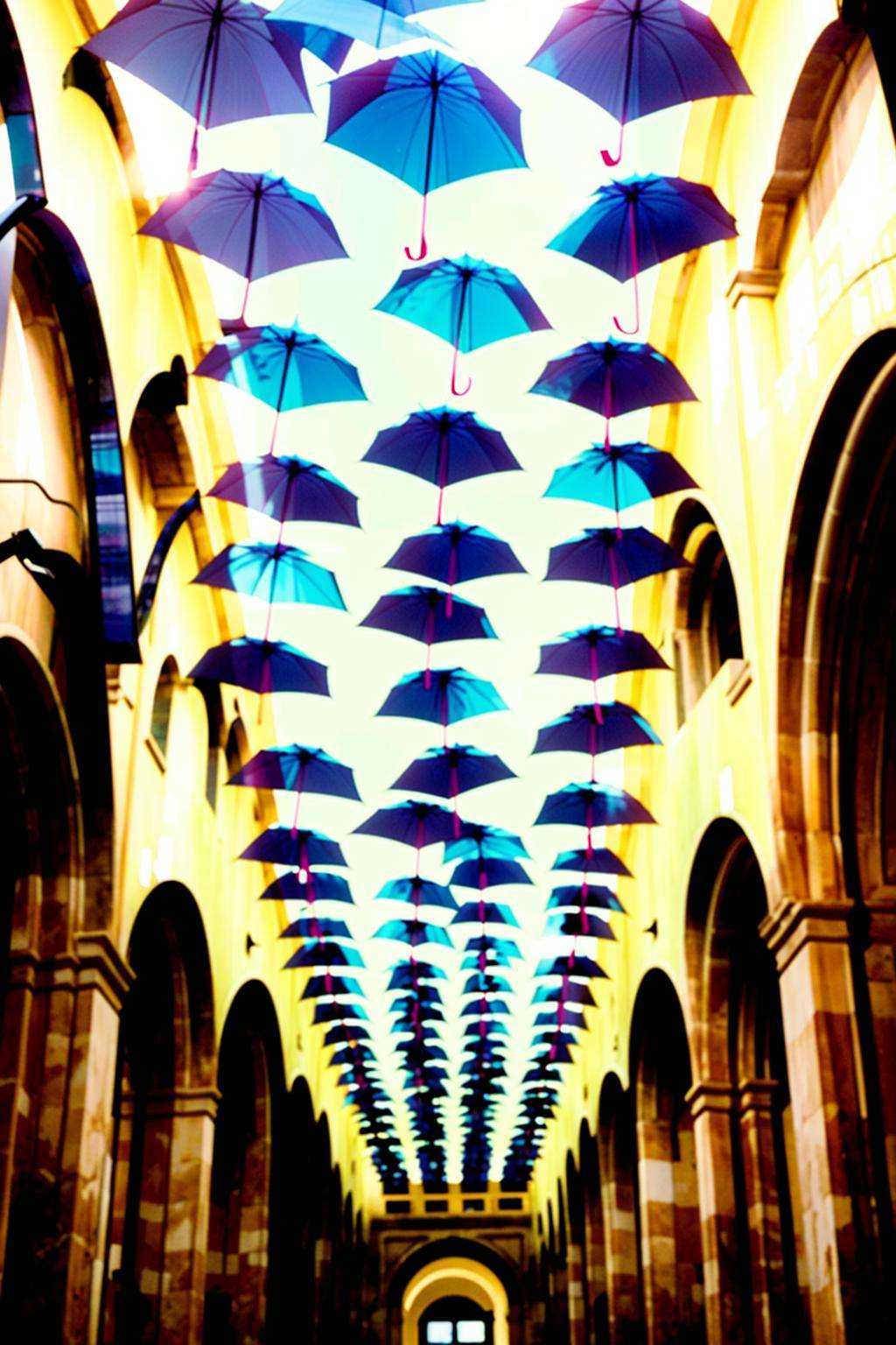 a building with many umbrellas hanging from the ceiling on Tensor.Art