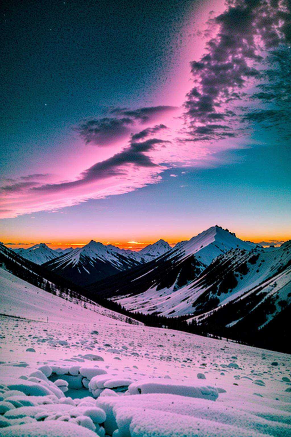 a snow covered mountain range with a pink sky,  a black hole in the center of a galaxy on Tensor.Art