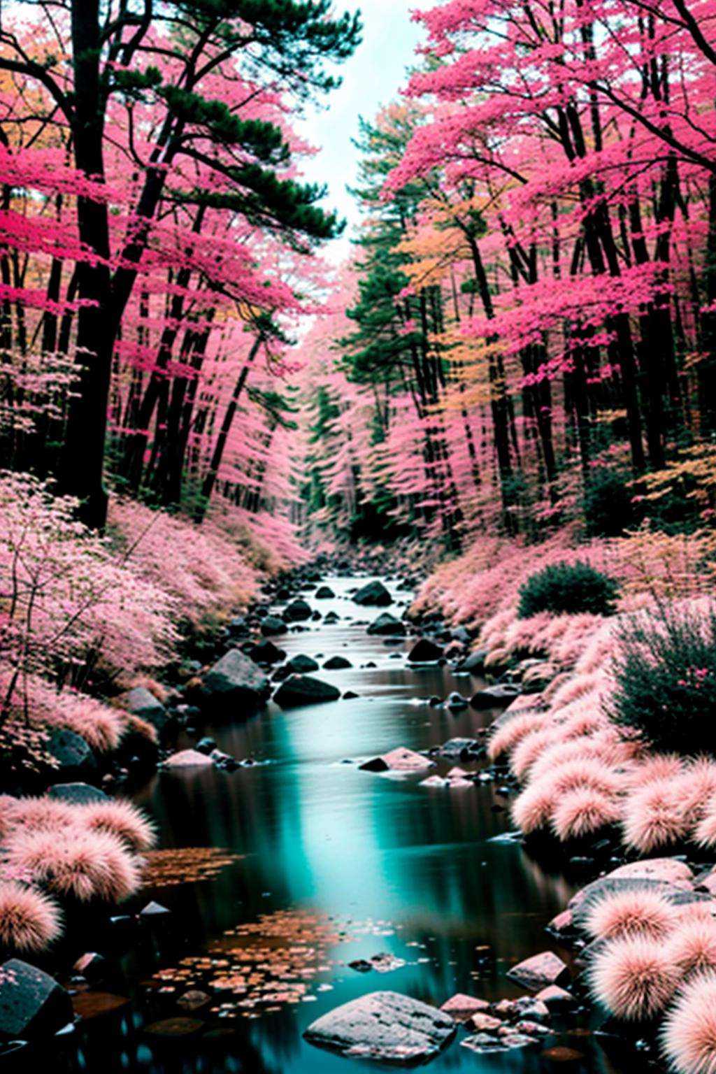 a pink landscape with a stream running through it on Tensor.Art