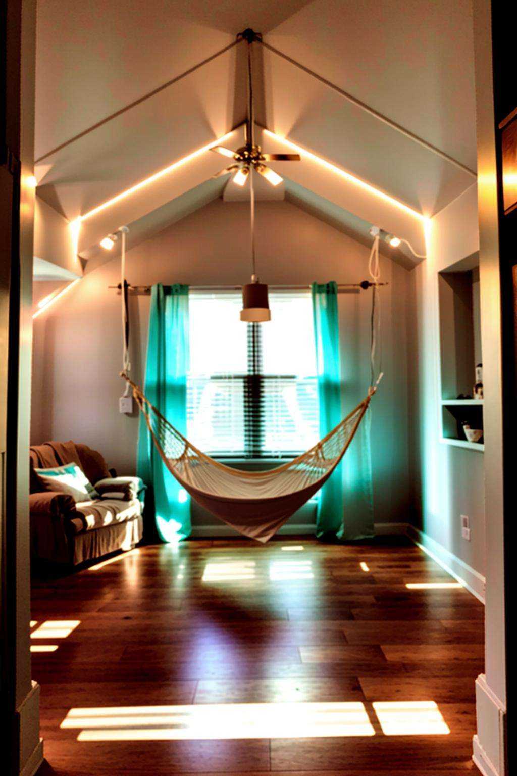 a bedroom with a hammock hanging from the ceiling on Tensor.Art