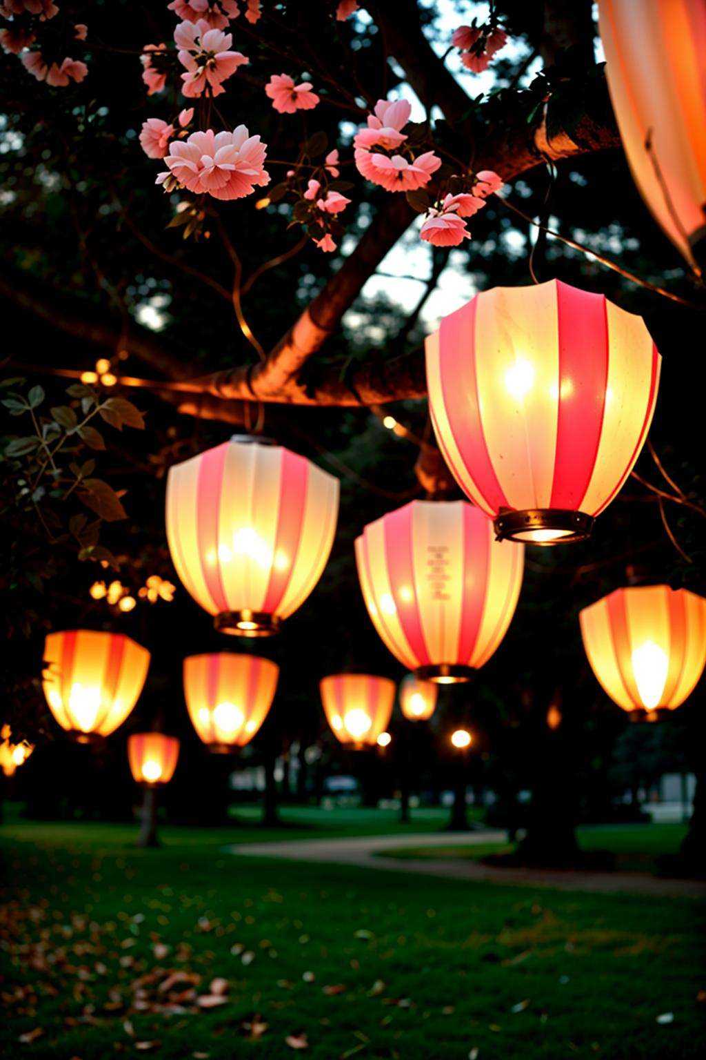 a group of paper lanterns hanging from a tree on Tensor.Art
