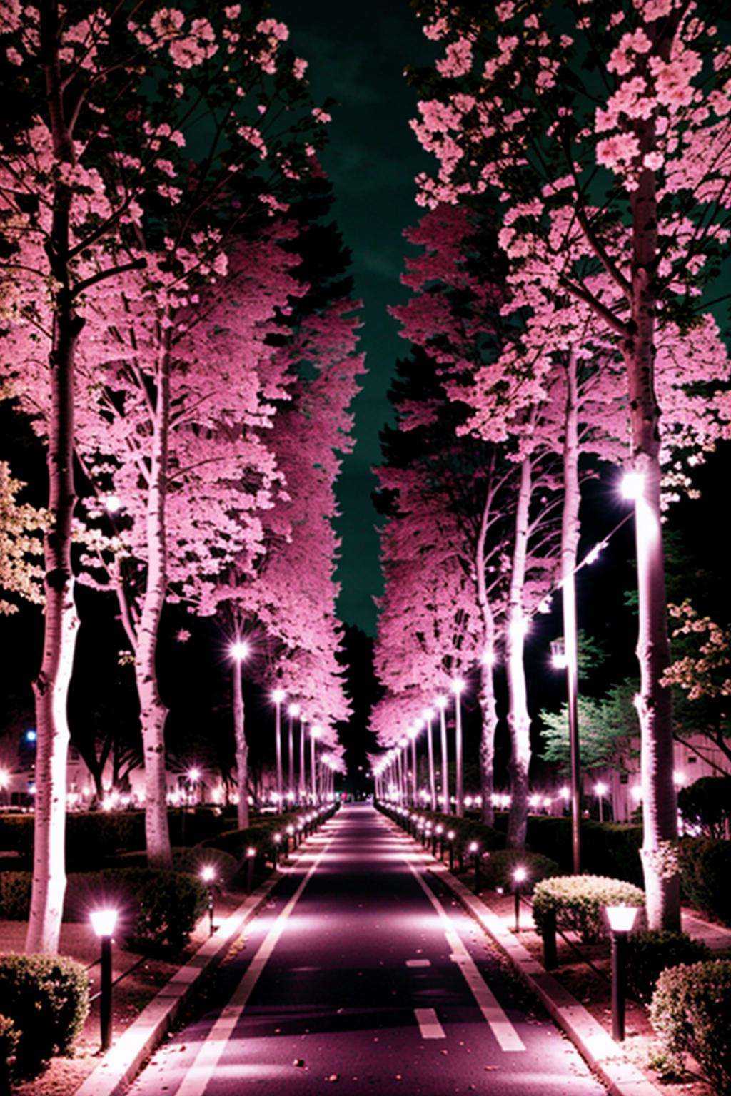 a pathway lined with pink trees and street lights on Tensor.Art