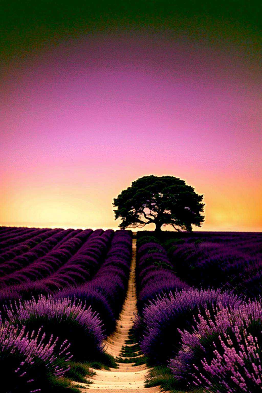 a purple field with a lone tree in the distance on Tensor.Art