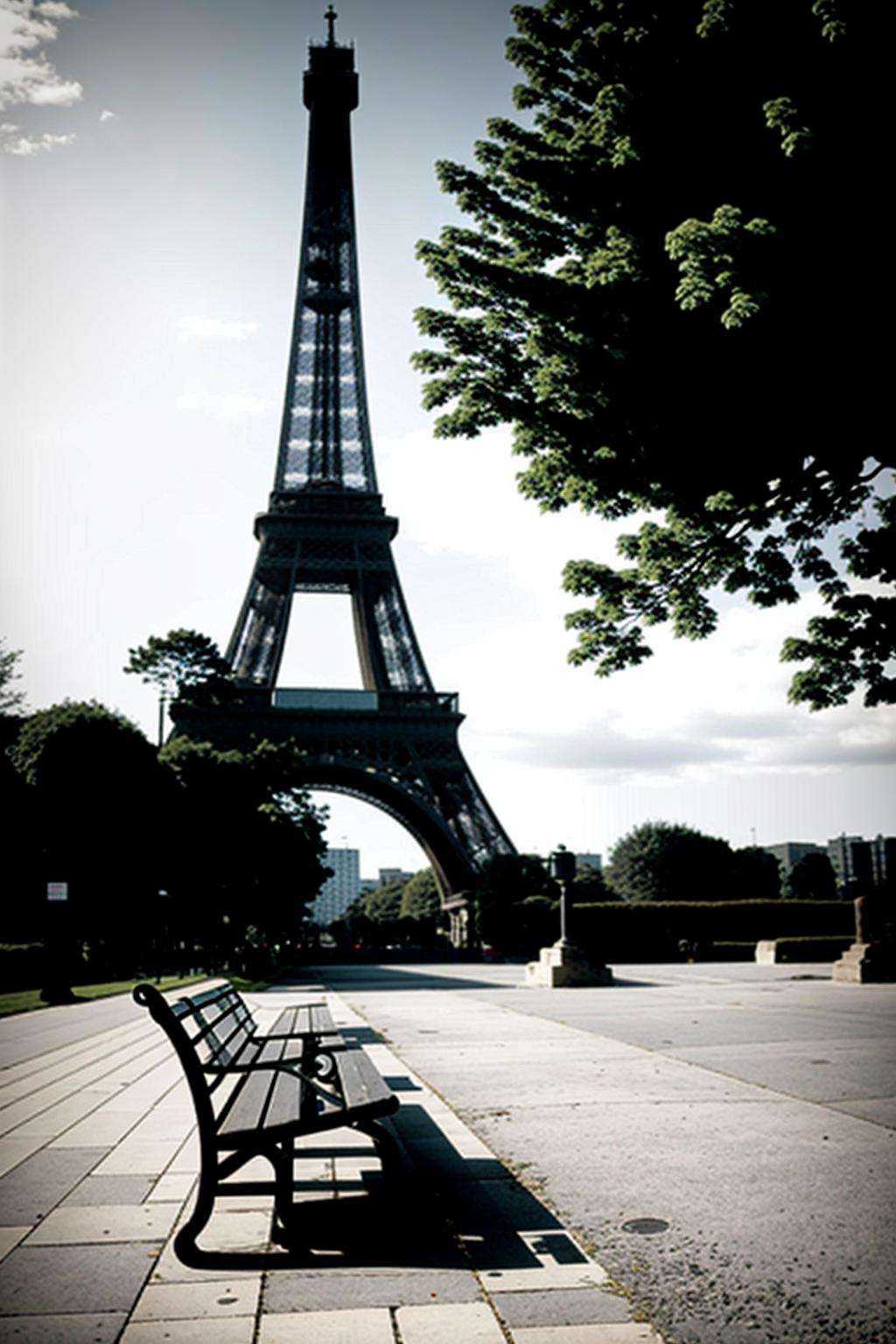 a bench sitting in front of a tall tower on Tensor.Art
