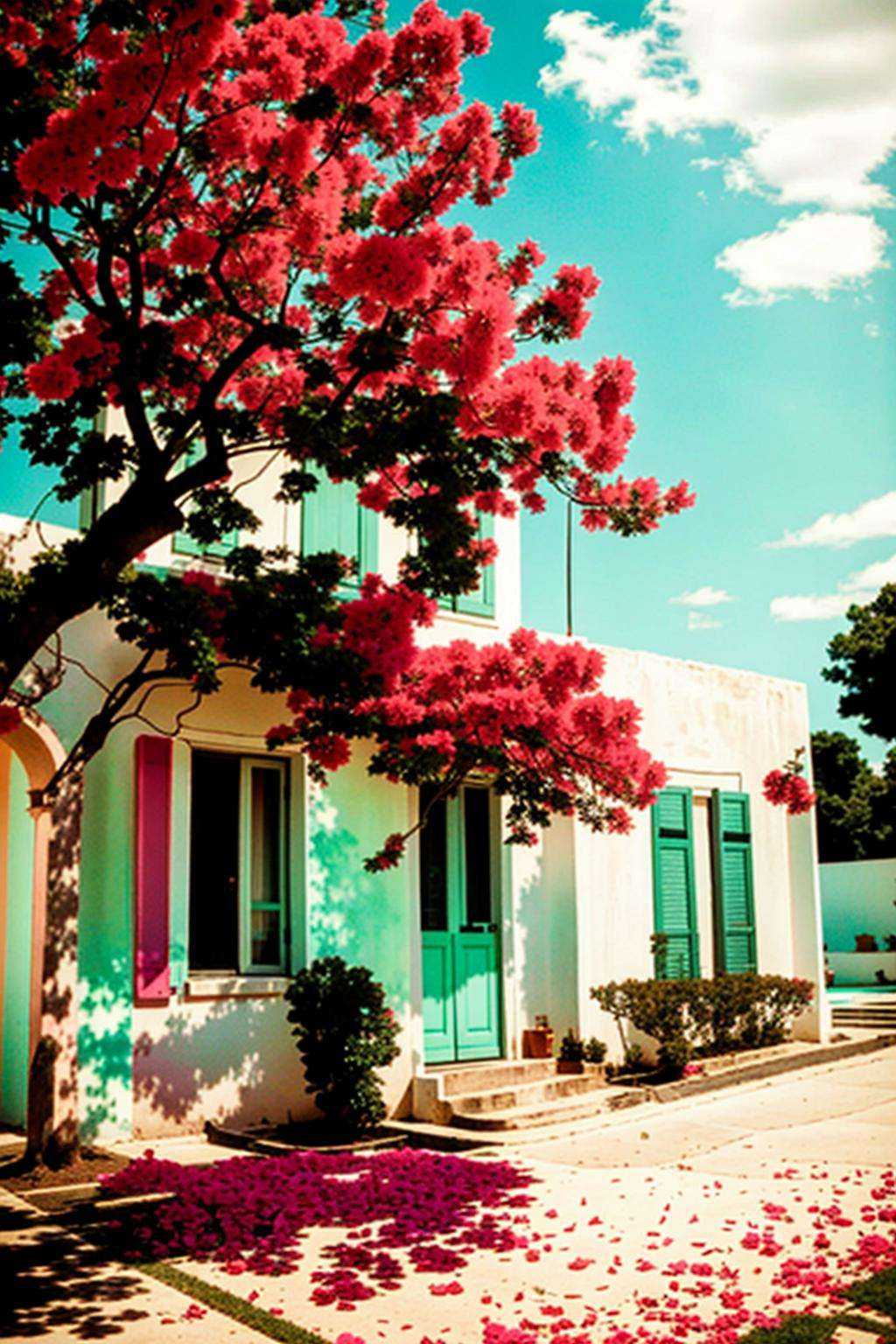 a pink flowered tree in front of a white building on Tensor.Art
