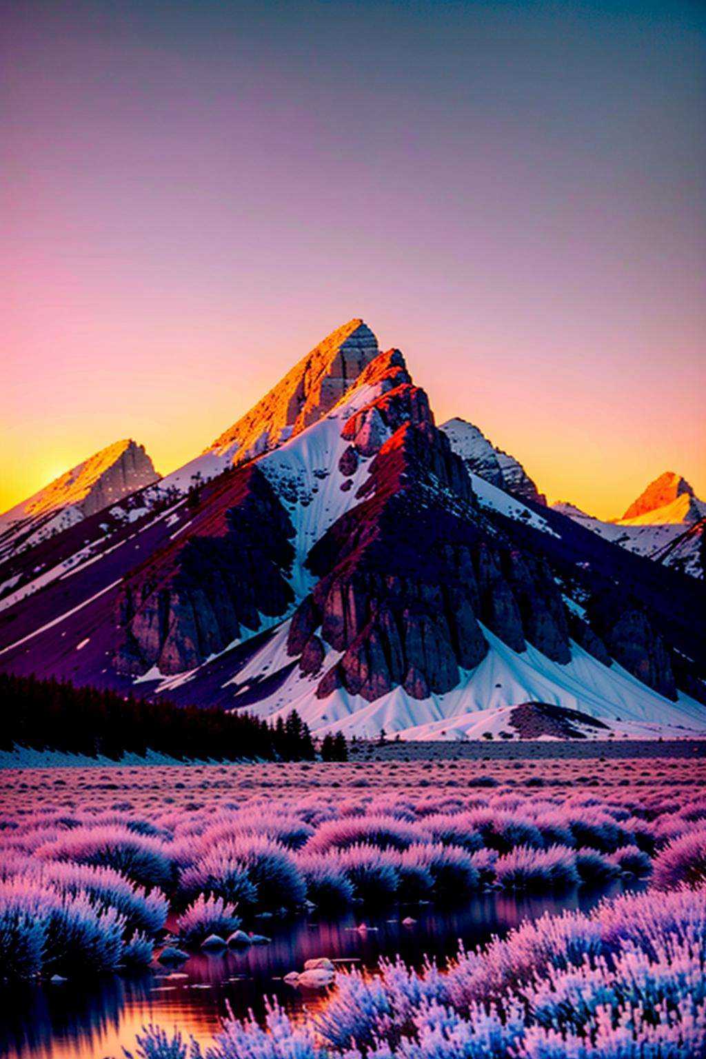 a mountain range with a river in the foreground ,  outdoors,  sky on Tensor.Art