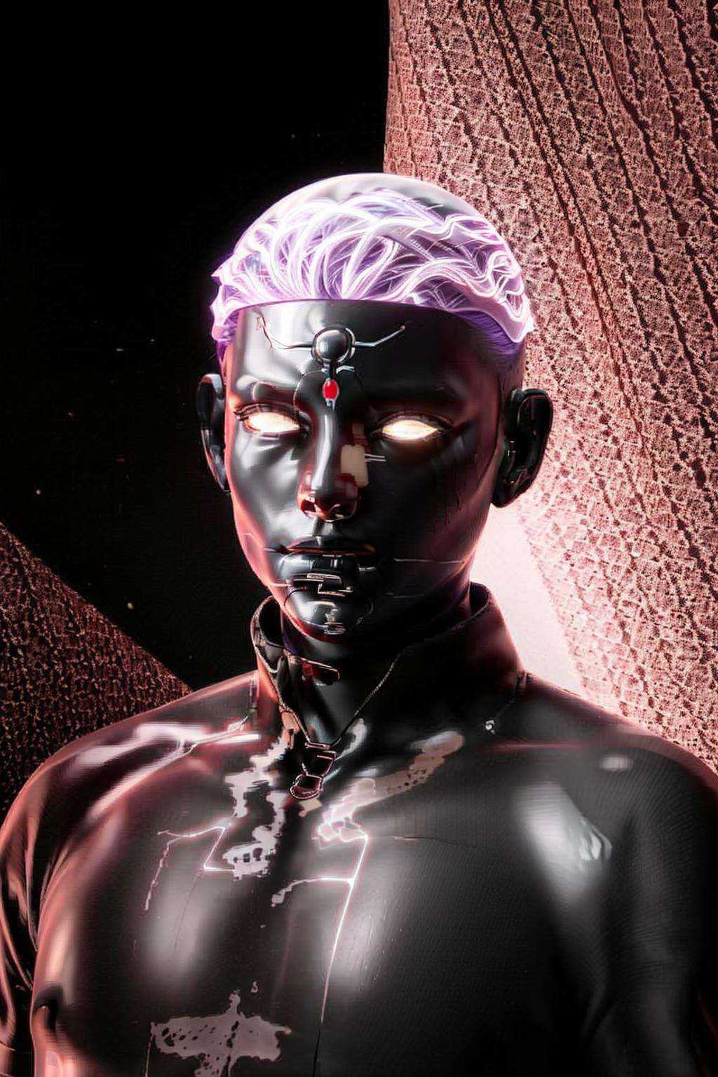 a man with a pink body and a black background is shown in this image,  with a black background and a pink body and a black...